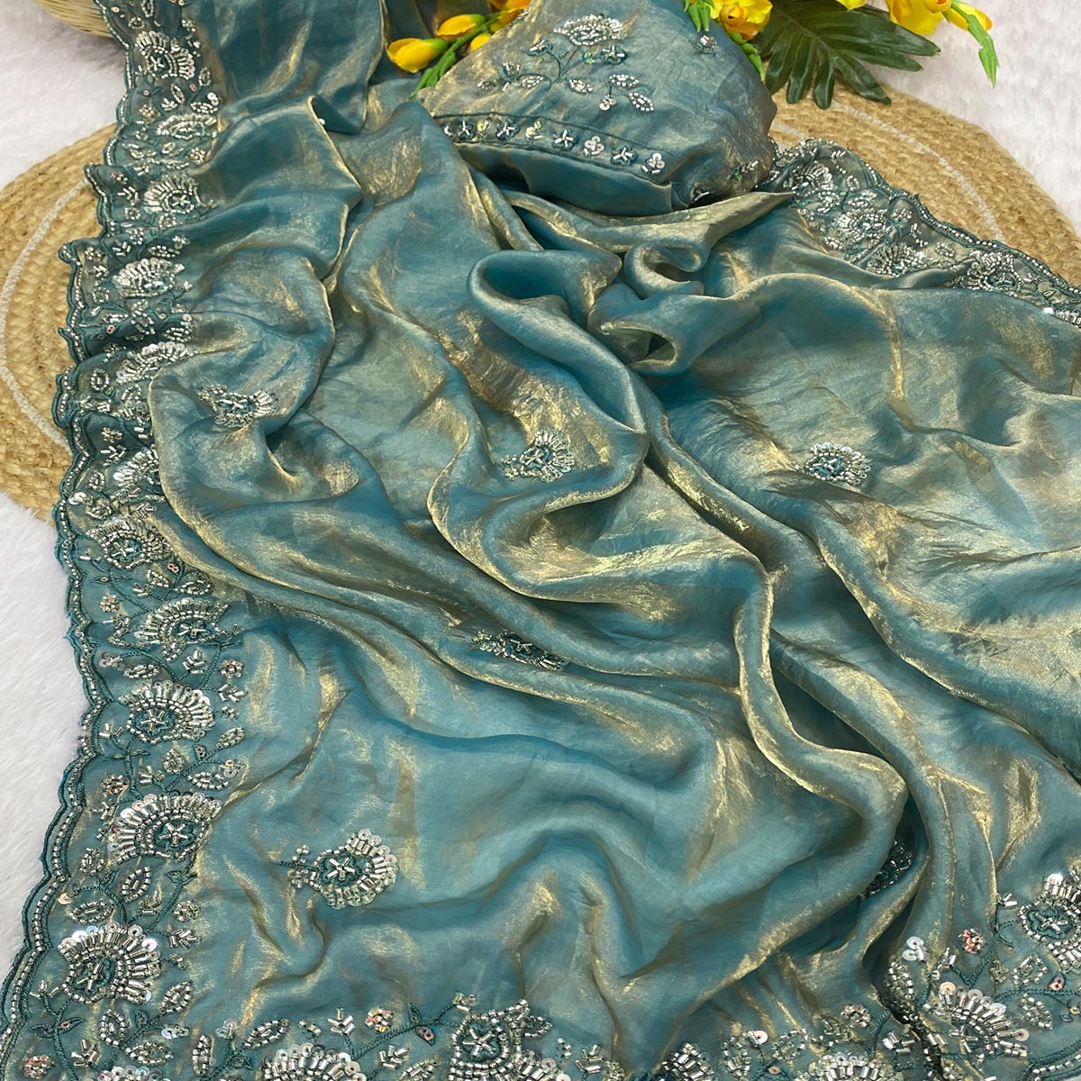 Turquoise Satin Saree With Intricate Floral Beads & Cutdana With Sequins Embroidery Work