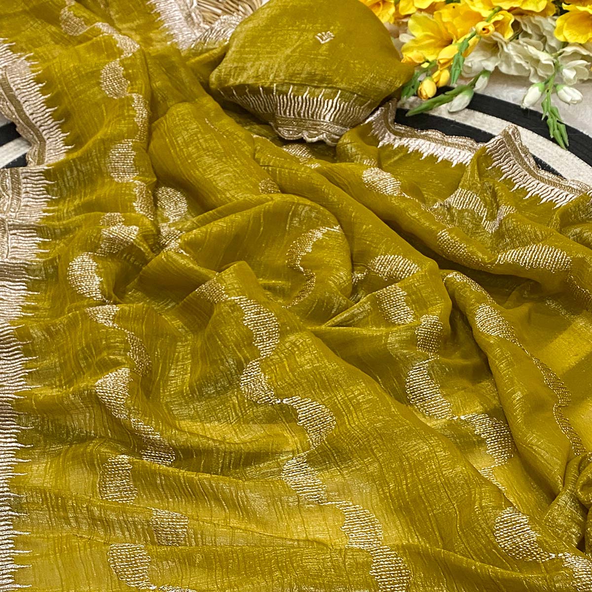 Mustard Crunchy Chiffon Silk Saree Delicate Thread Motifs Ethnic Elegance