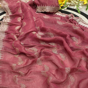Pink Crunchy Chiffon Silk Saree Delicate Thread Motifs Ethnic Elegance