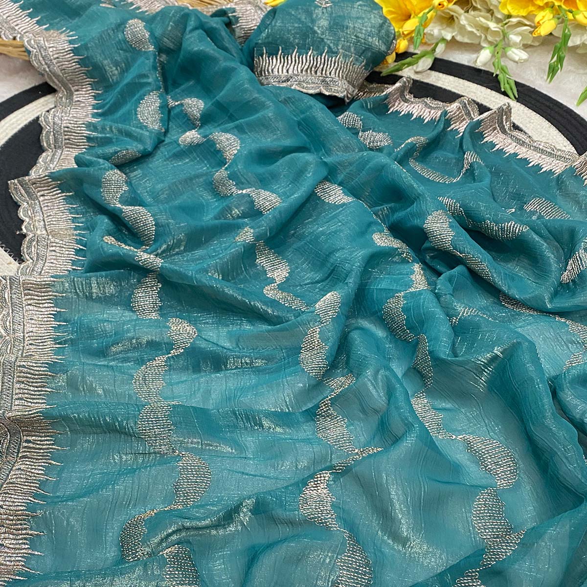 Turquoise Crunchy Chiffon Silk Saree Delicate Thread Motifs Ethnic Elegance