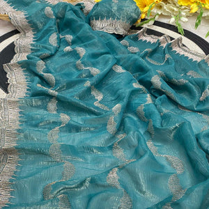 Turquoise Crunchy Chiffon Silk Saree Delicate Thread Motifs Ethnic Elegance
