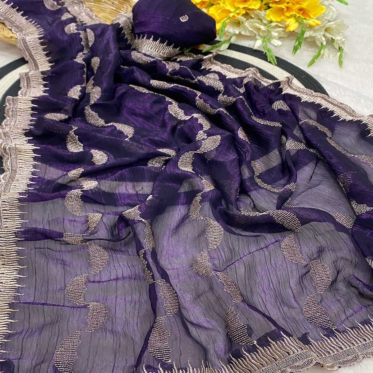 Violet Crunchy Chiffon Silk Saree Delicate Thread Motifs Ethnic Elegance