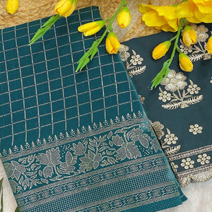 Dark Teal Blue Georgette Saree with Elegant Foil Printed Checkered Pattern
