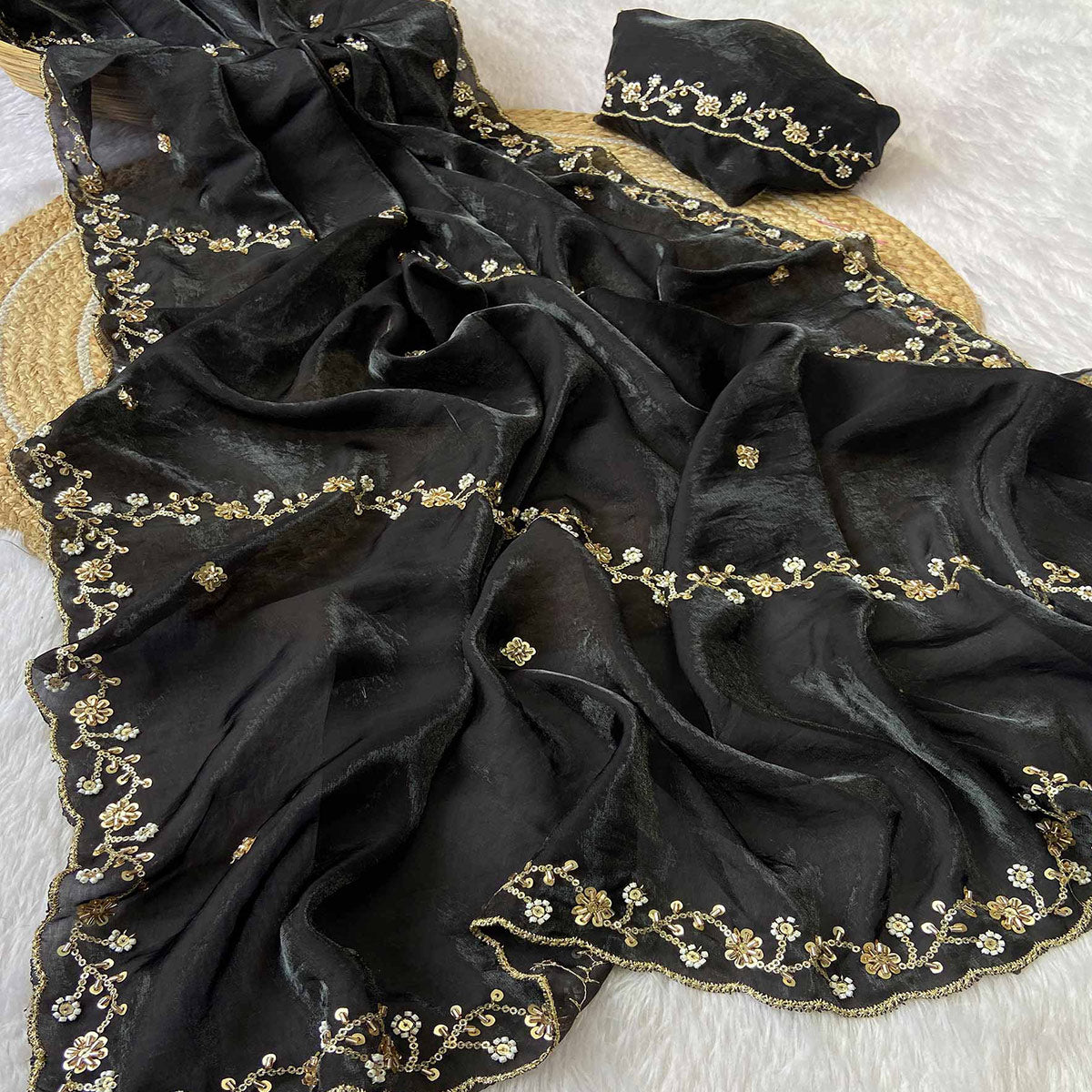 Black Satin Saree Embellished With Beads and Sequins Embroidery Work