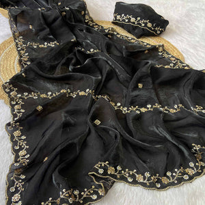 Black Satin Saree Embellished With Beads and Sequins Embroidery Work