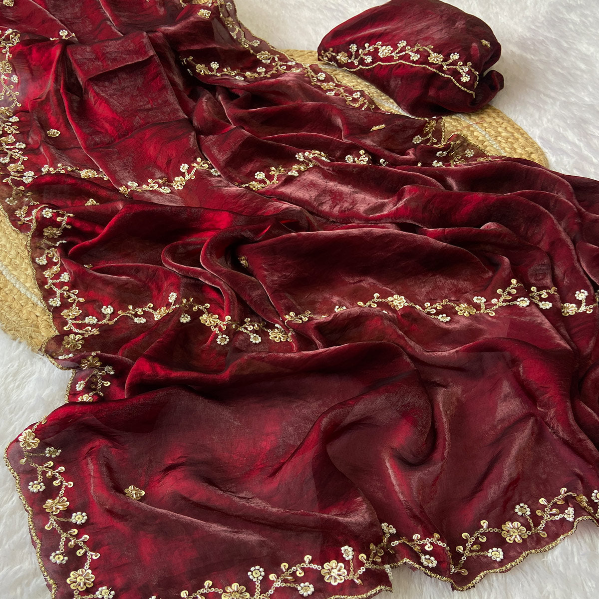 Maroon Satin Saree Embellished With Beads and Sequins Embroidery Work