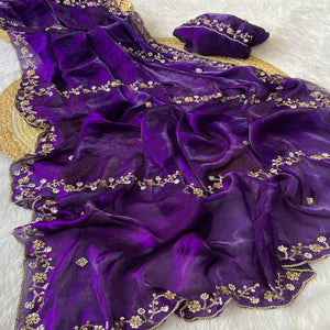 Purple Satin Saree Embellished With Beads and Sequins Embroidery Work