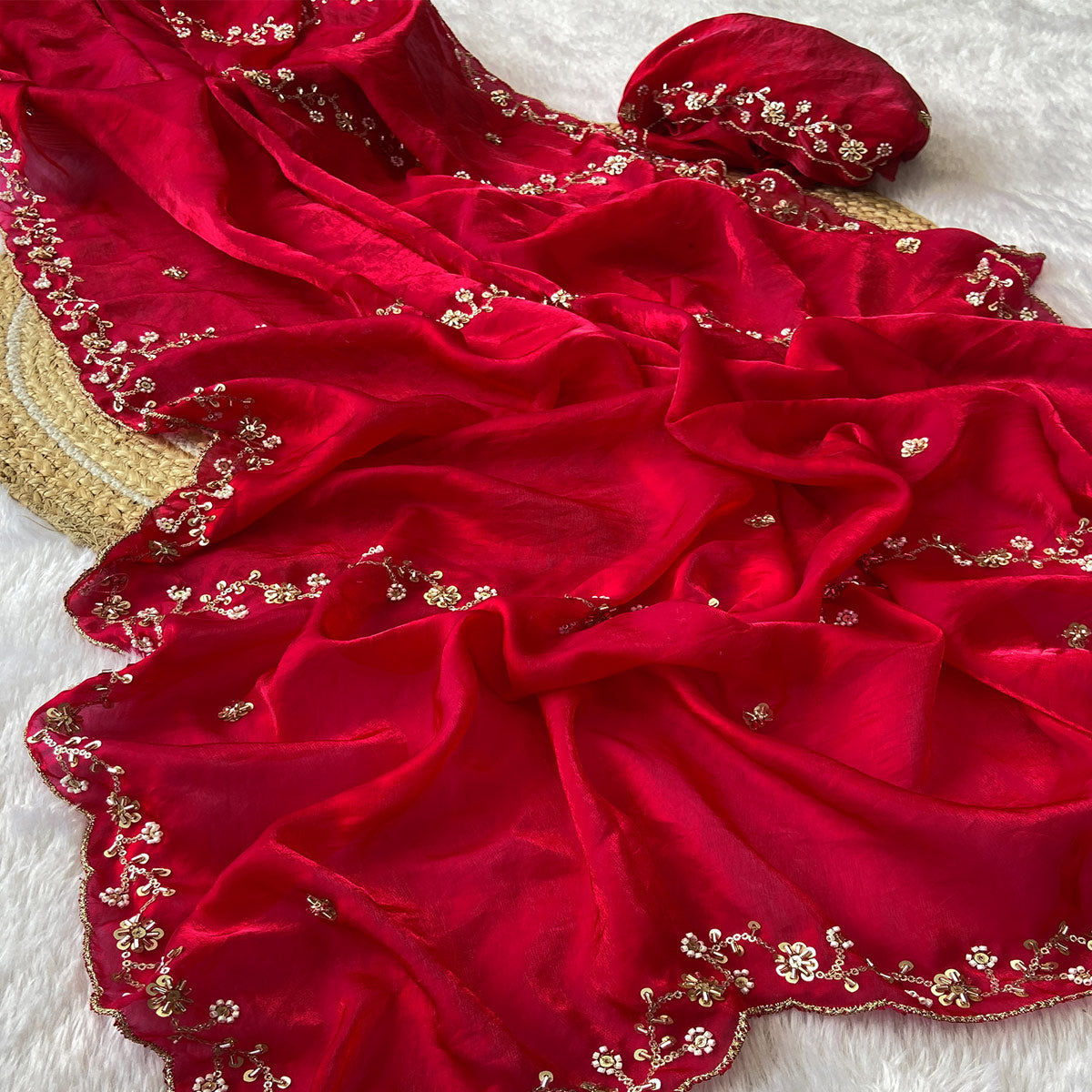 Red Satin Saree Embellished With Beads and Sequins Embroidery Work