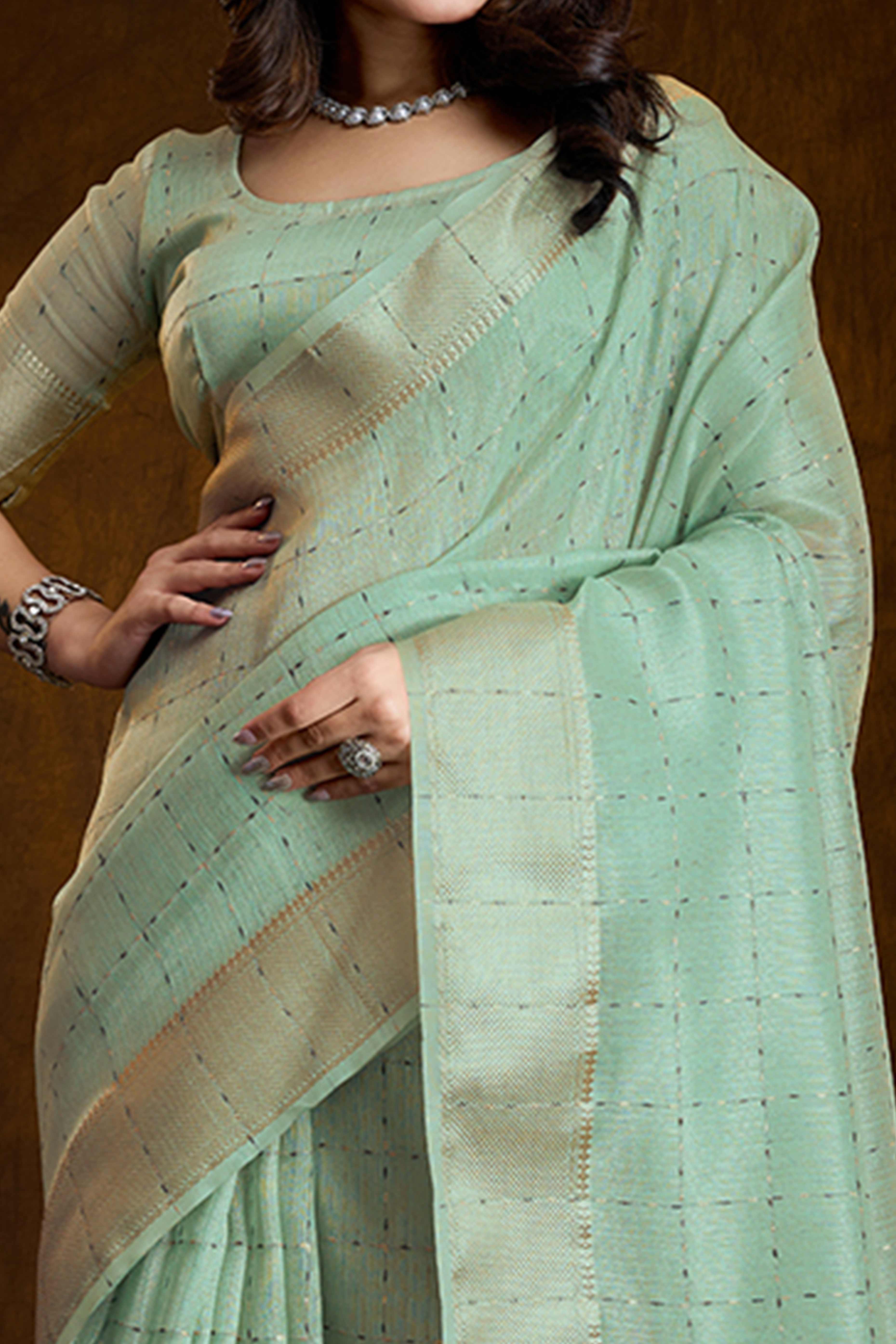 Mint Green Cotton Silk Saree with Rich Zari Weaving in Checkered Style