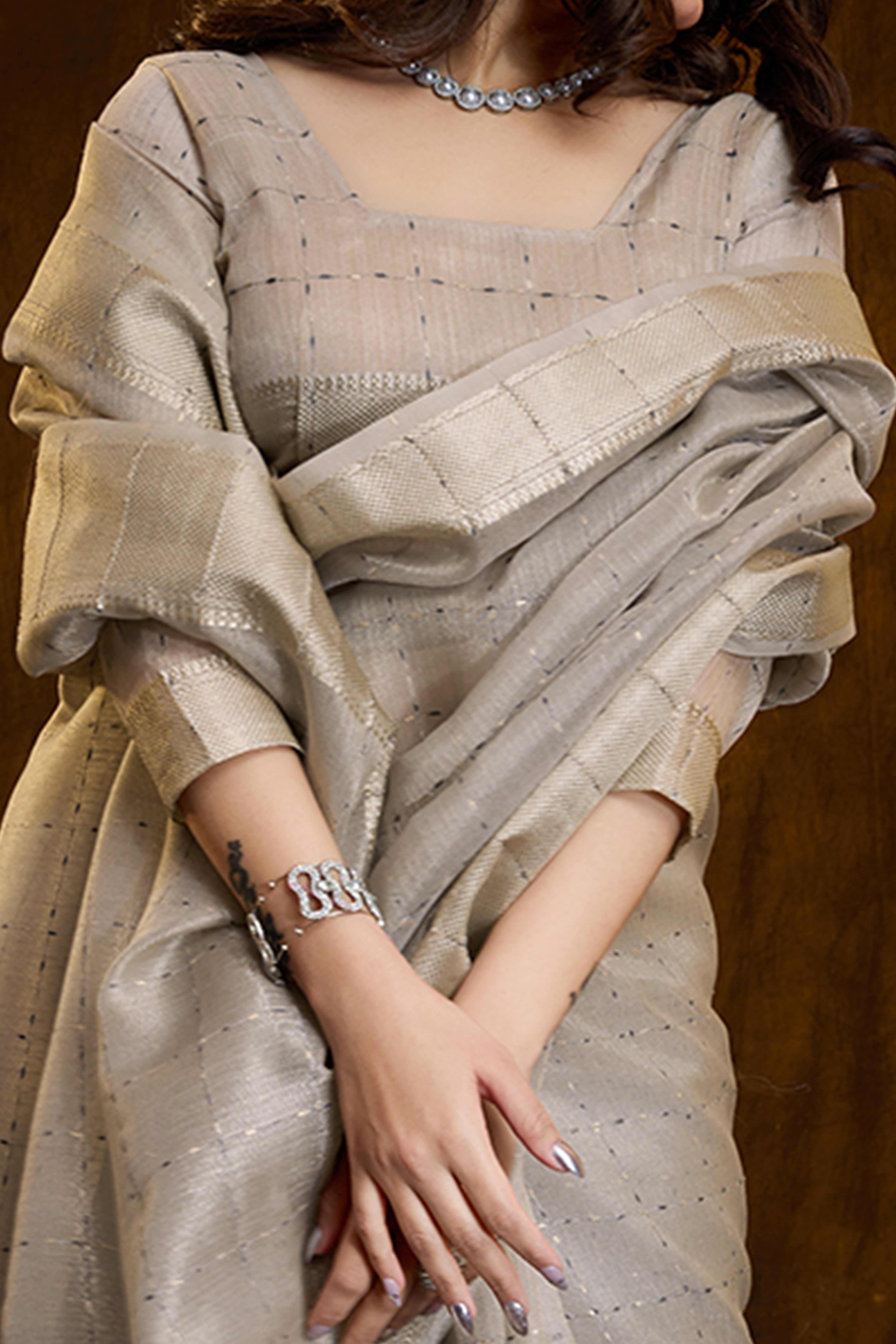 Grey Cotton Silk Saree with Rich Zari Weaving in Checkered Style