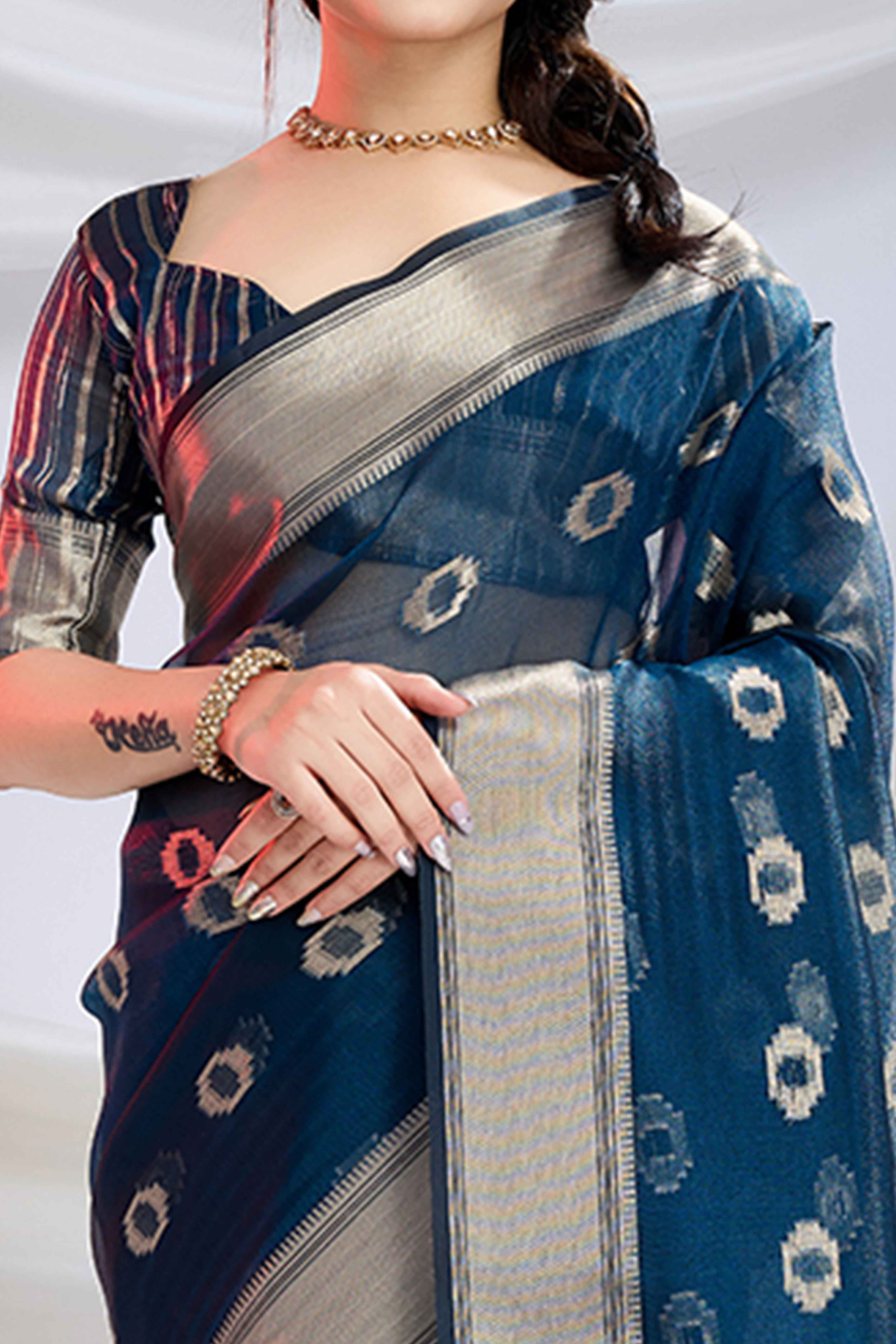 Navy Blue Zari Butti Saree in Lightweight Tissue Fabric
