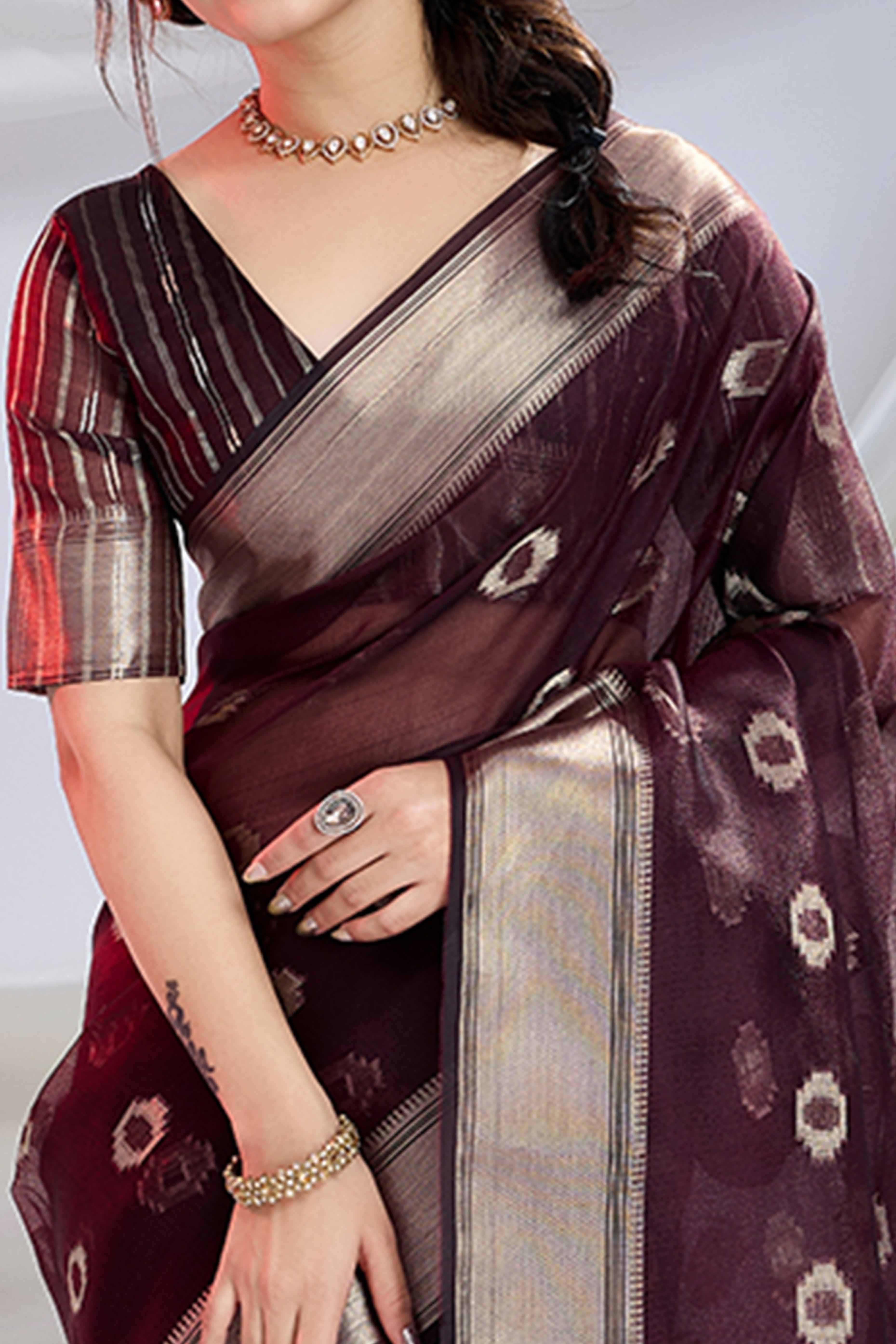 Burgundy Zari Butti Saree in Lightweight Tissue Fabric