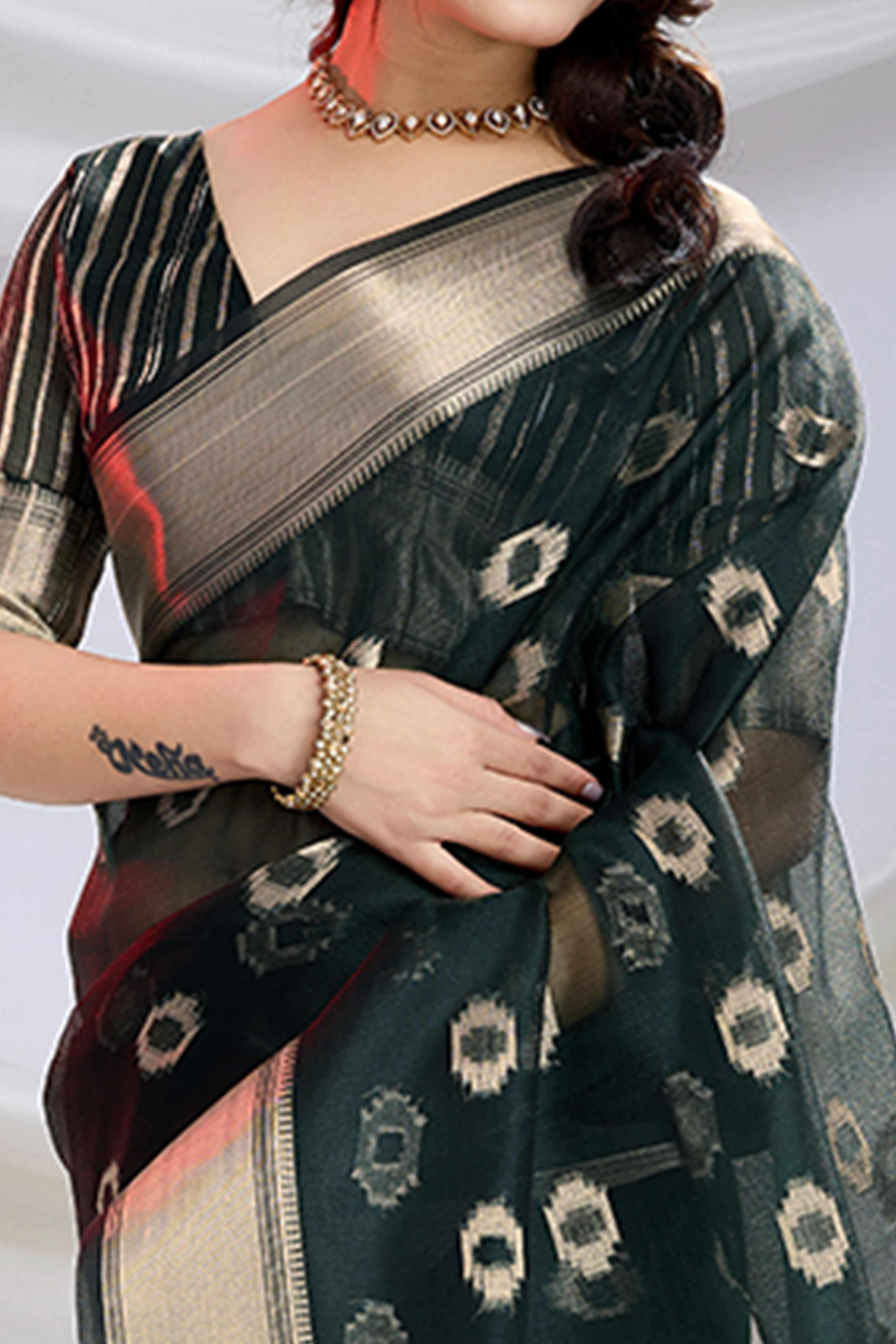 Dark Green Zari Butti Saree in Lightweight Tissue Fabric