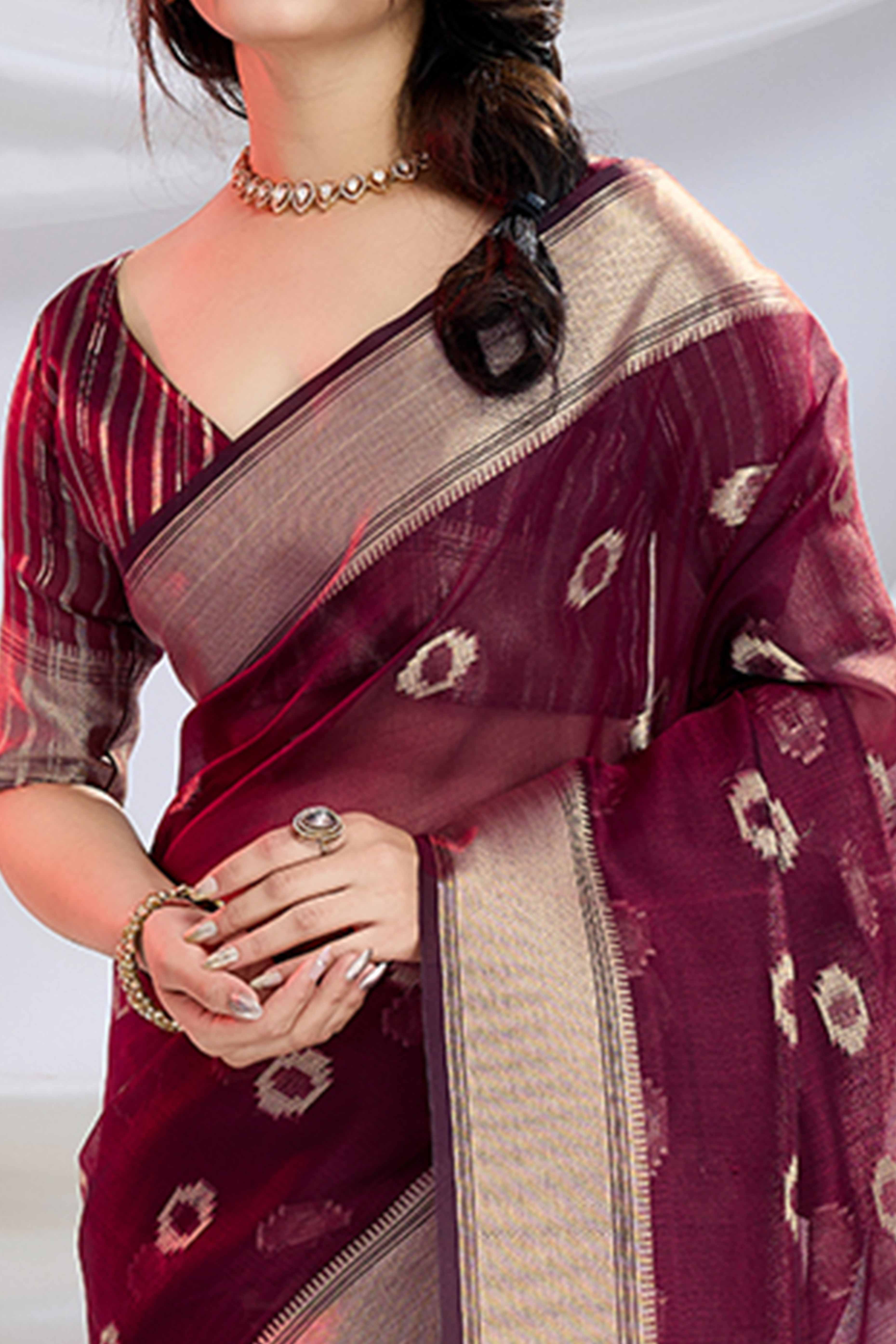 Dark Maroon Zari Butti Saree in Lightweight Tissue Fabric