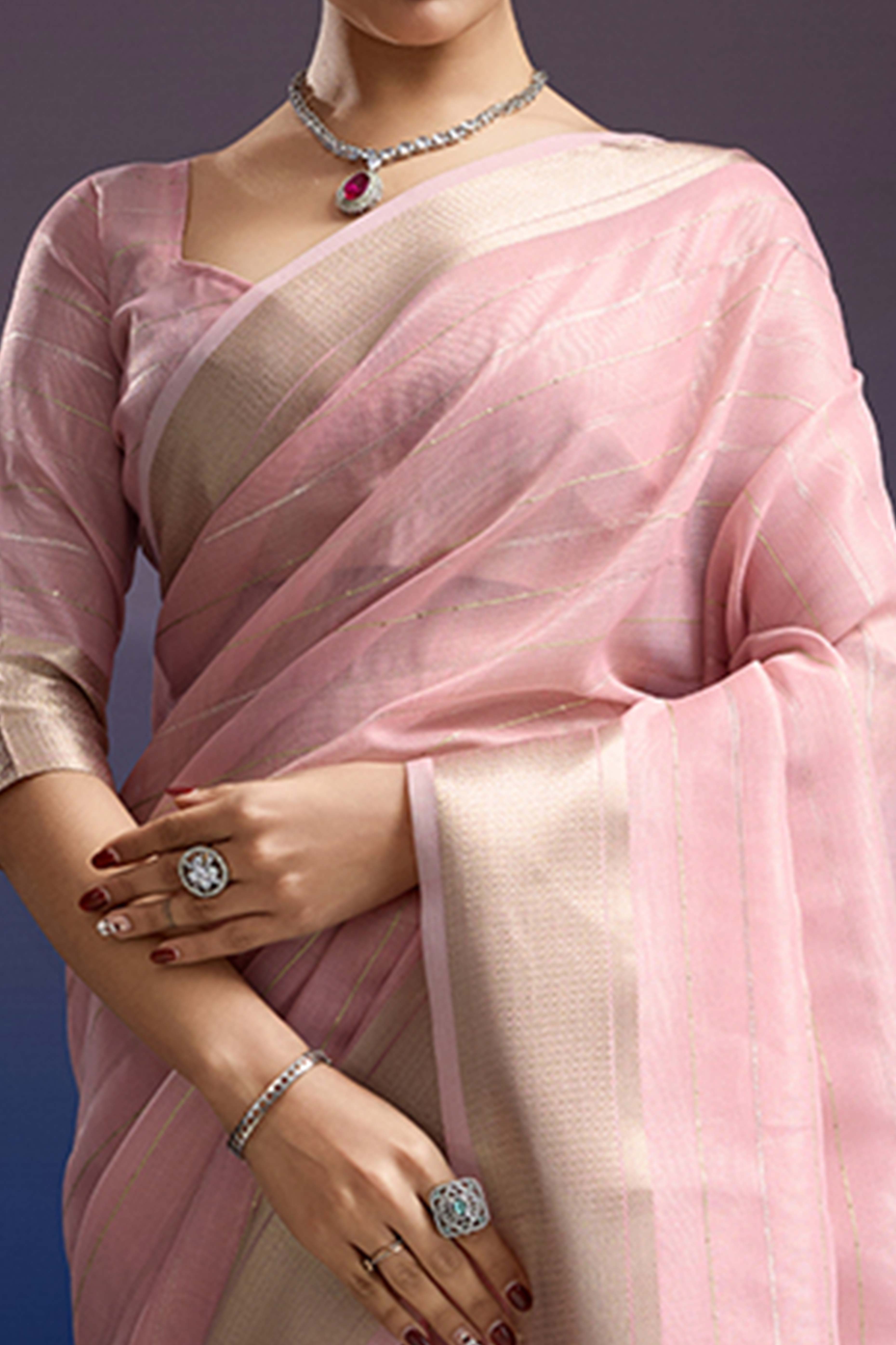 Soft Pink Pure Linen Saree with Gold Toned Zari Weave