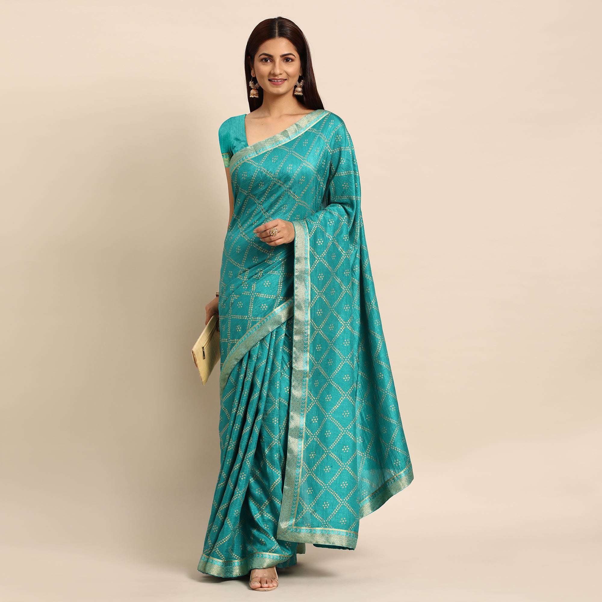 Rama Blue Bandhani Foil Printed Vichitra Silk Saree