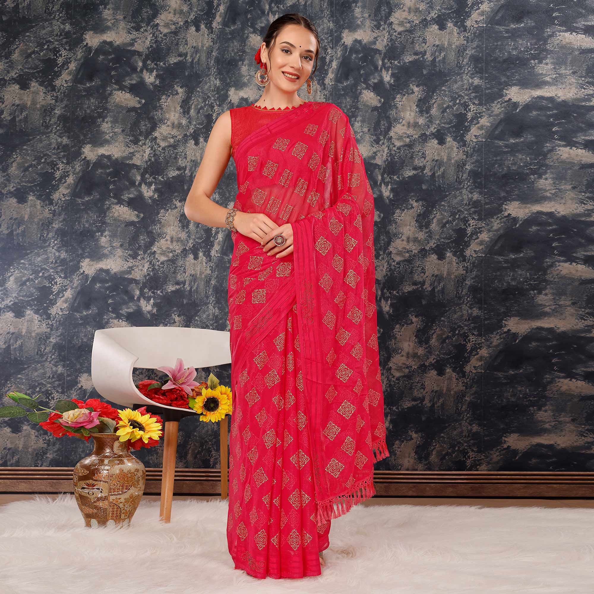 Pink Foil Printed Chiffon Saree With Tassels