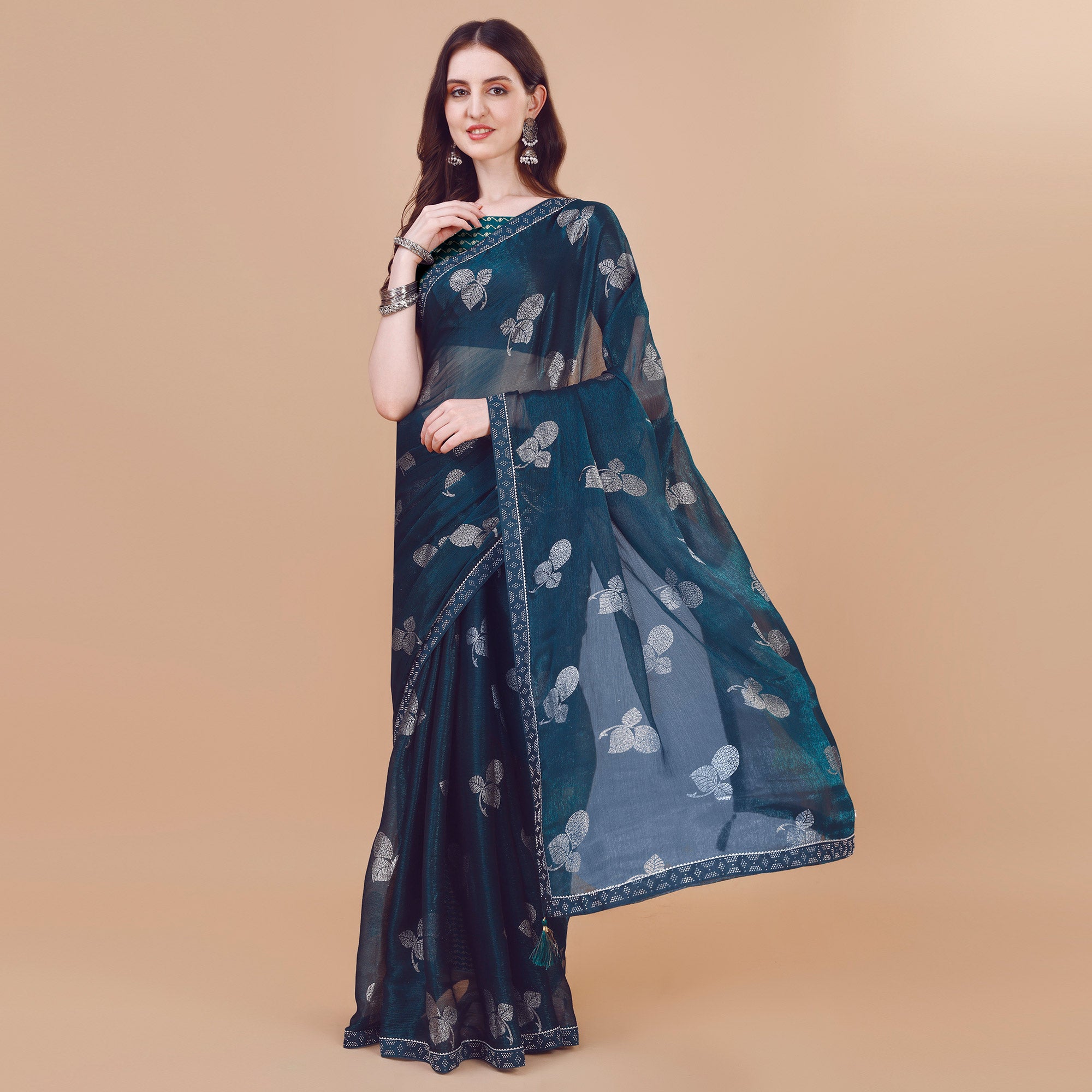 Dark Blue Floral Foil Printed Chiffon Saree