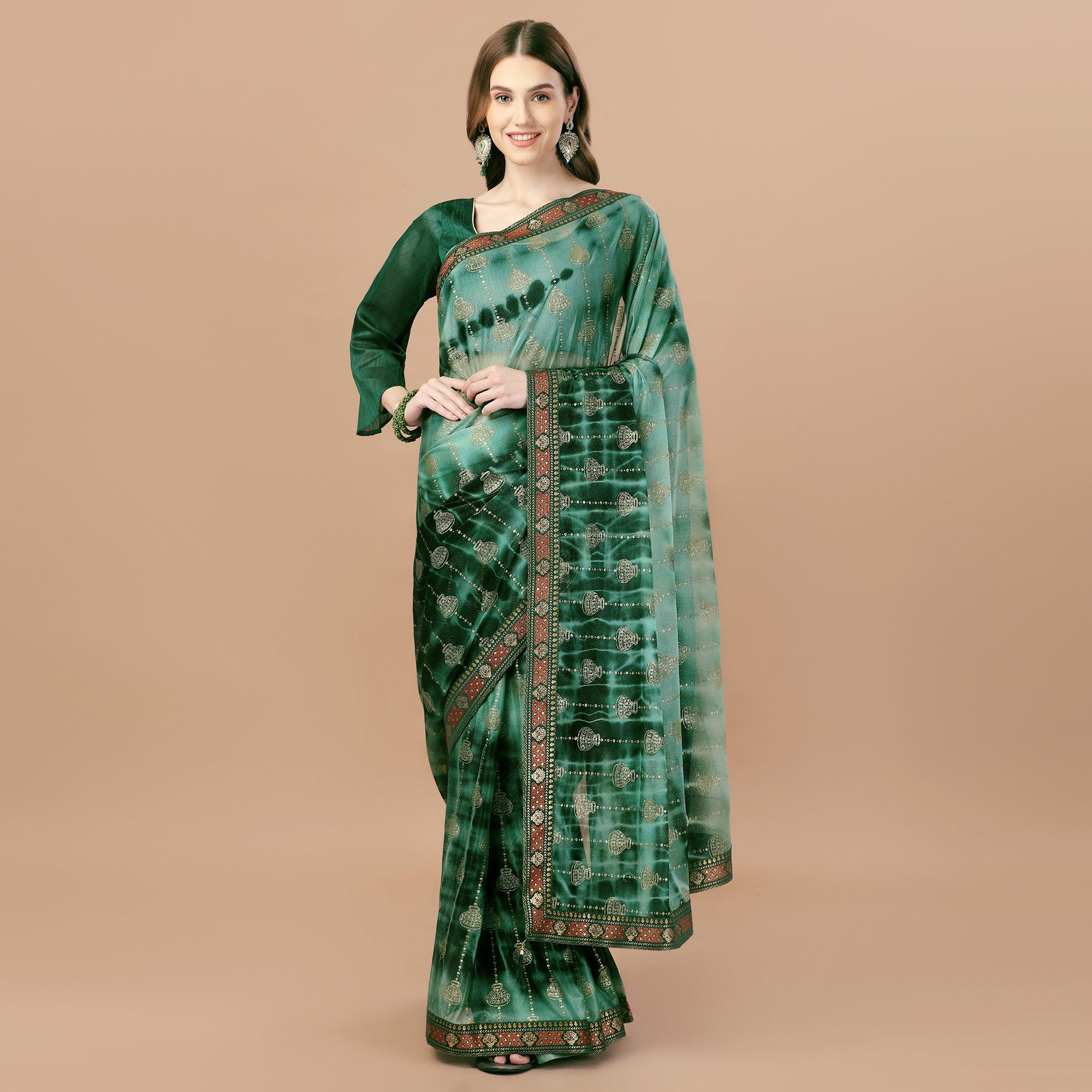 Dark Green Foil Printed Lycra Saree With Lace Border