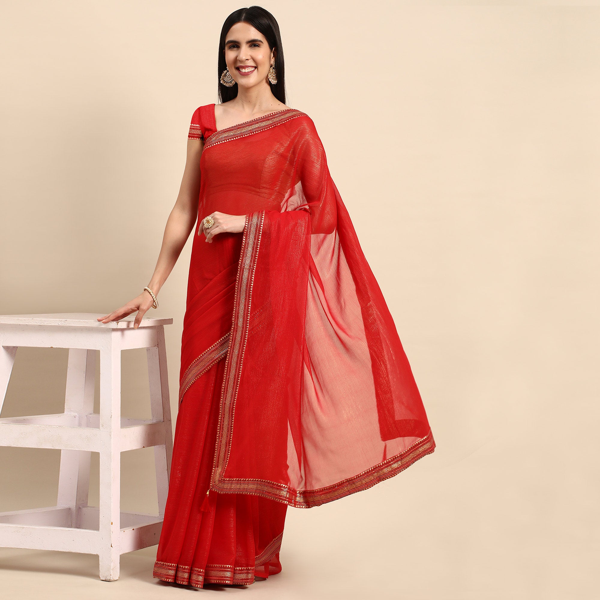 Red Solid With Woven Border Chiffon Saree With Tassels