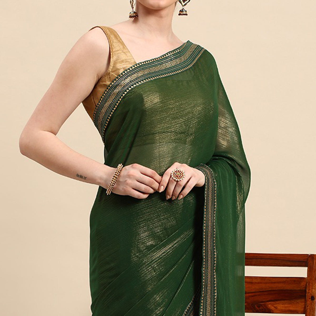 Mehandi Green Solid With Woven Border Chiffon Saree With Tassels