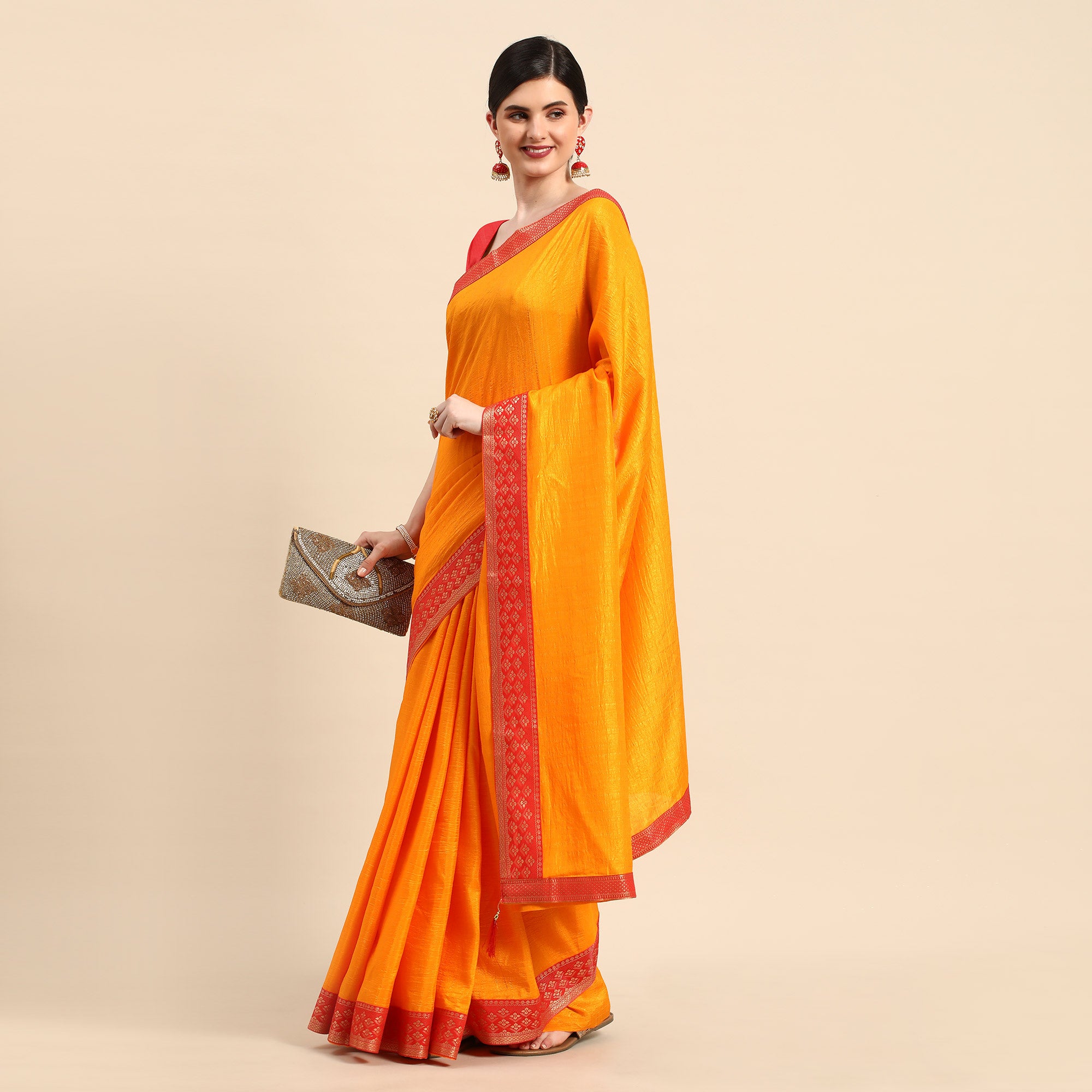 Mustard Solid Vichitra Silk Saree With Zari Border