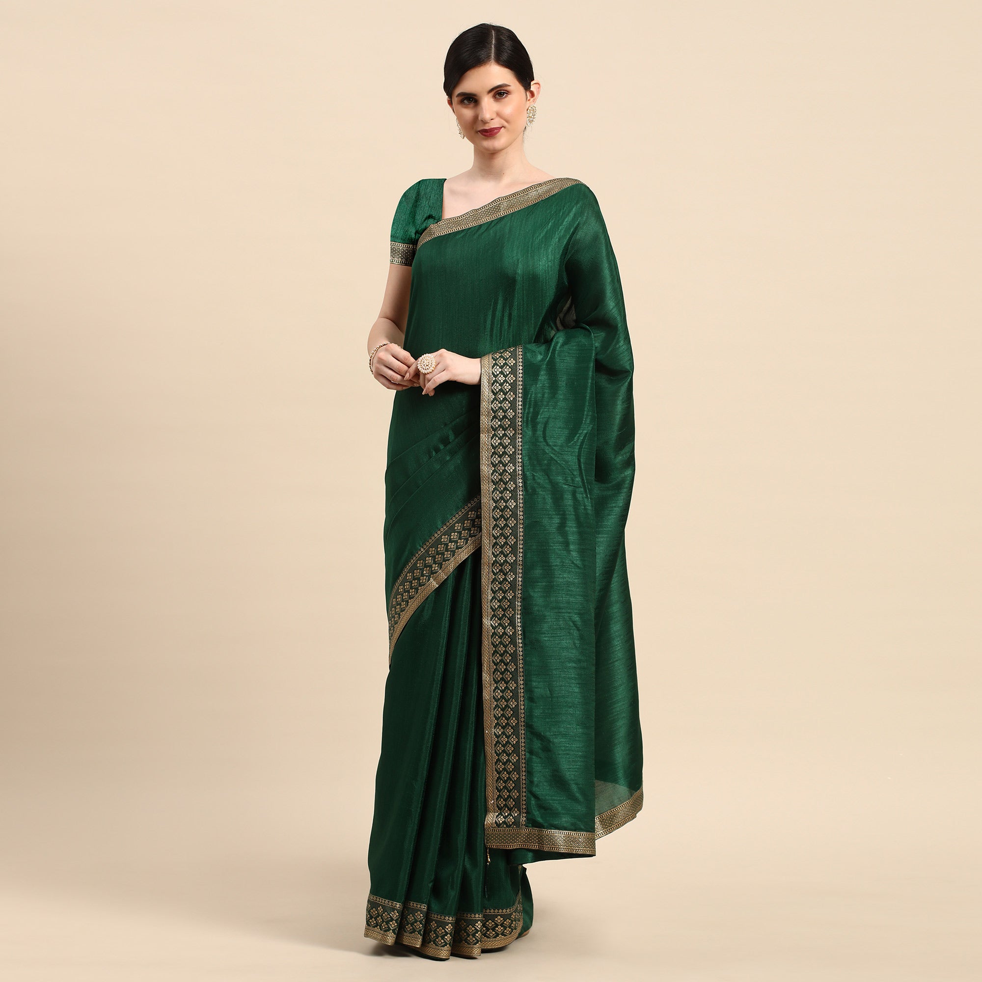 Green Solid Vichitra Silk Saree With Zari Border