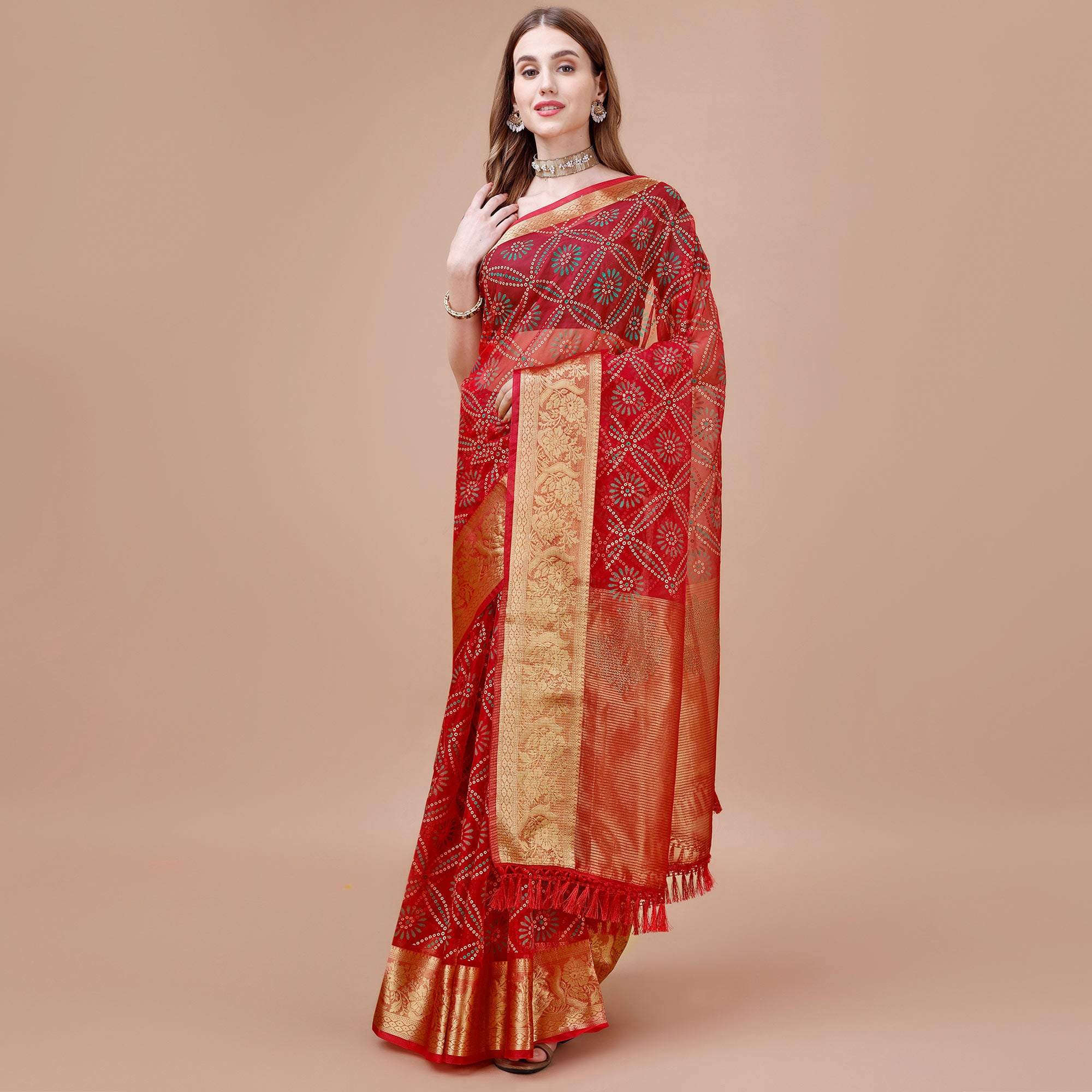 Red Bandhani Printed Organza Saree With Woven Border