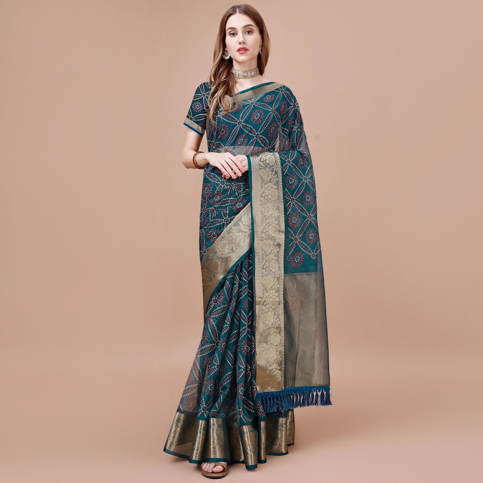 Teal Bandhani Printed Organza Saree With Woven Border