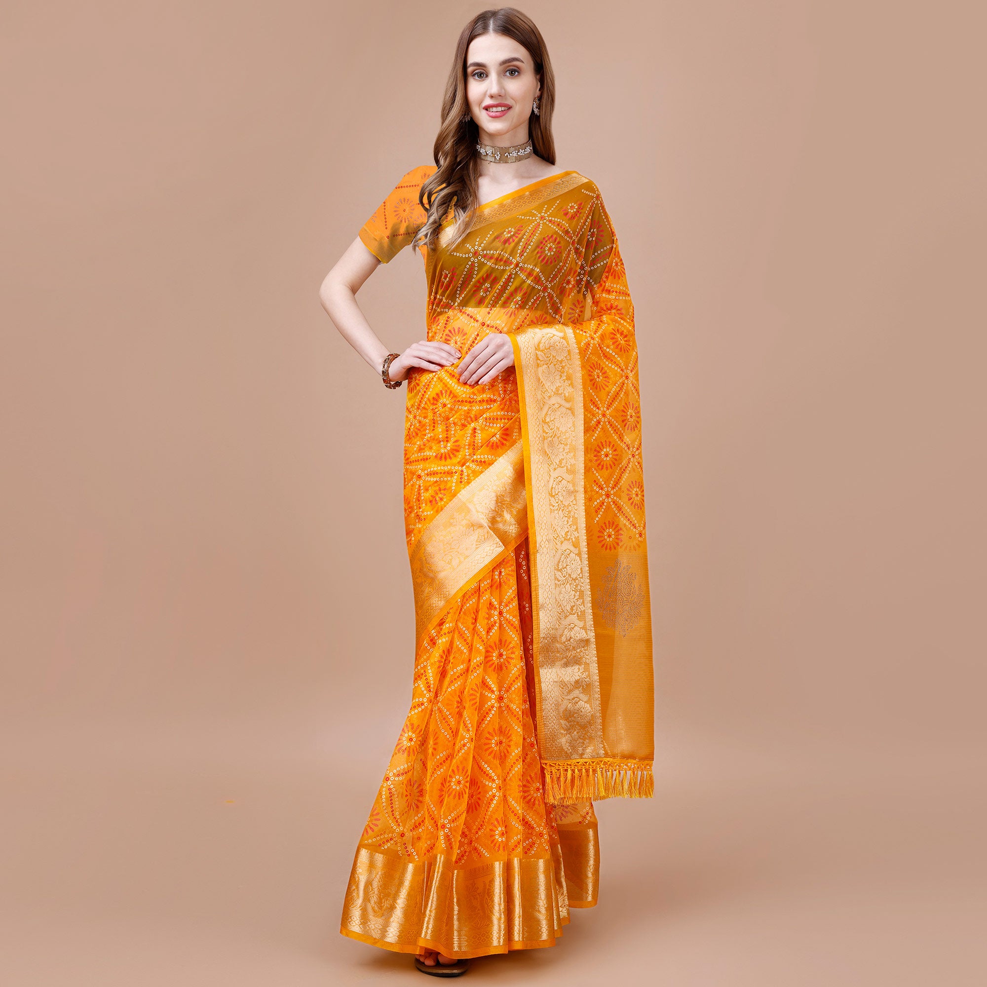 Yellow Bandhani Printed Organza Saree With Woven Border