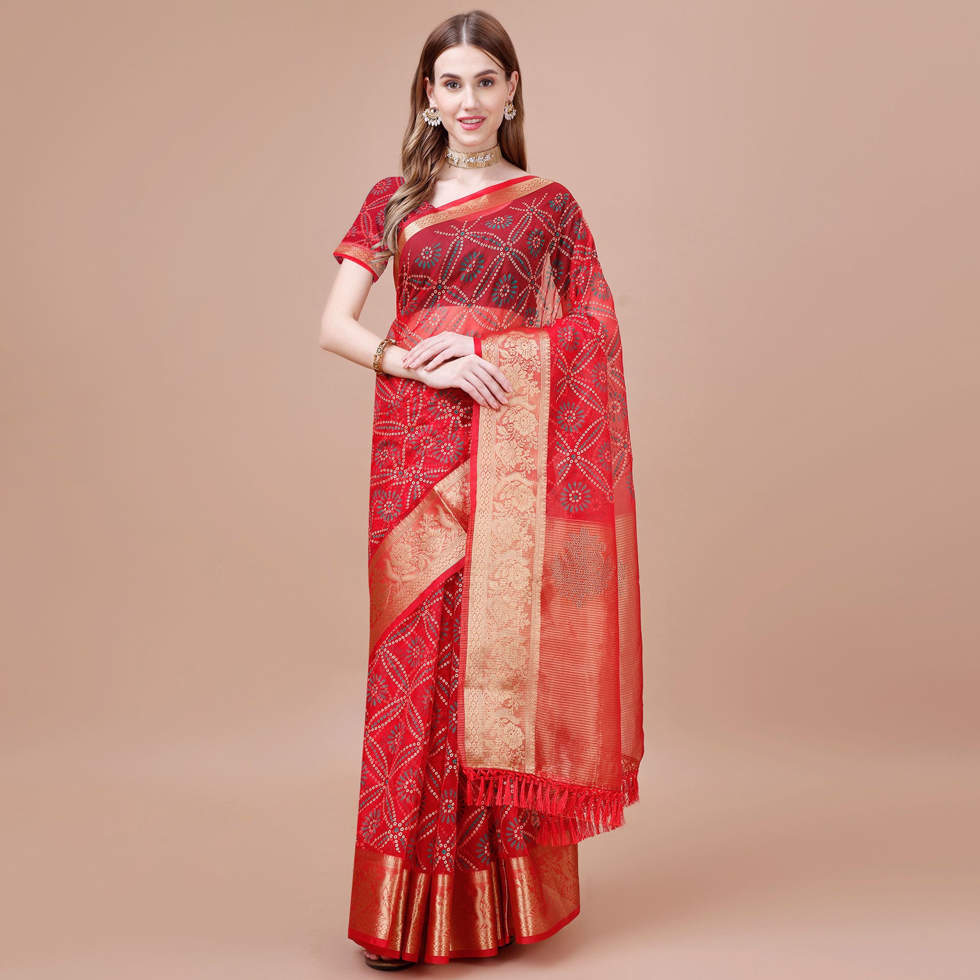 Red Bandhani Printed Organza Saree With Woven Border