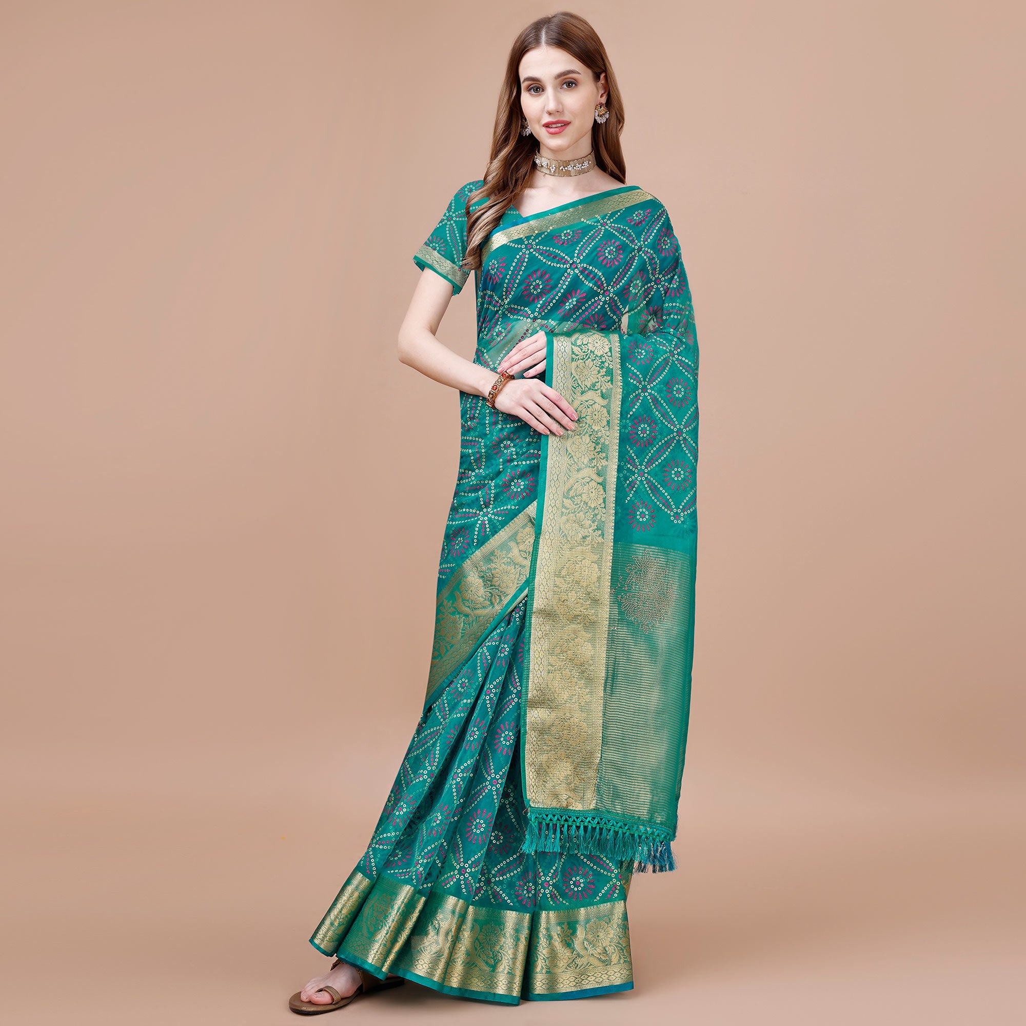 Rama Blue Bandhani Printed Organza Saree With Woven Border