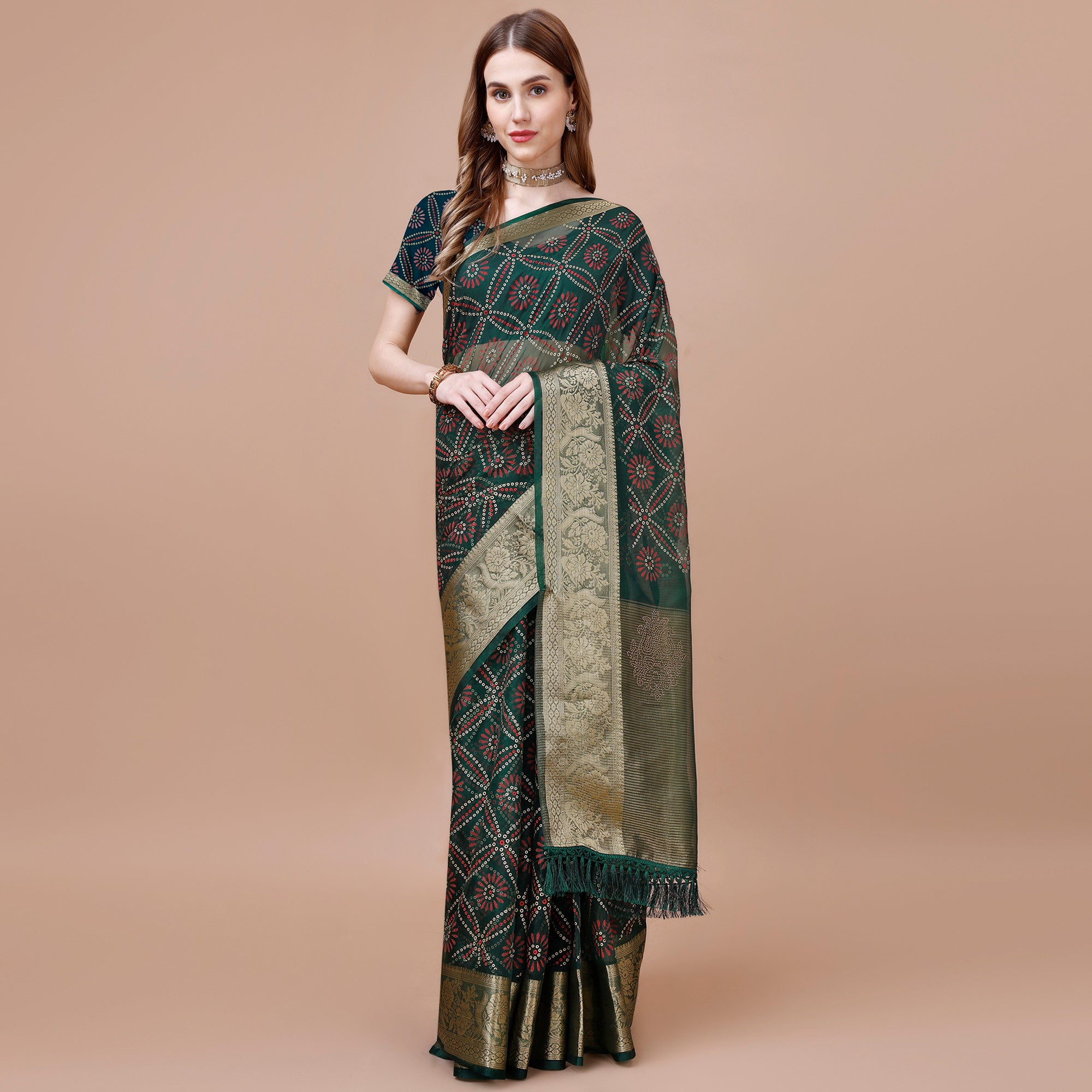 Green Bandhani Printed Organza Saree With Woven Border