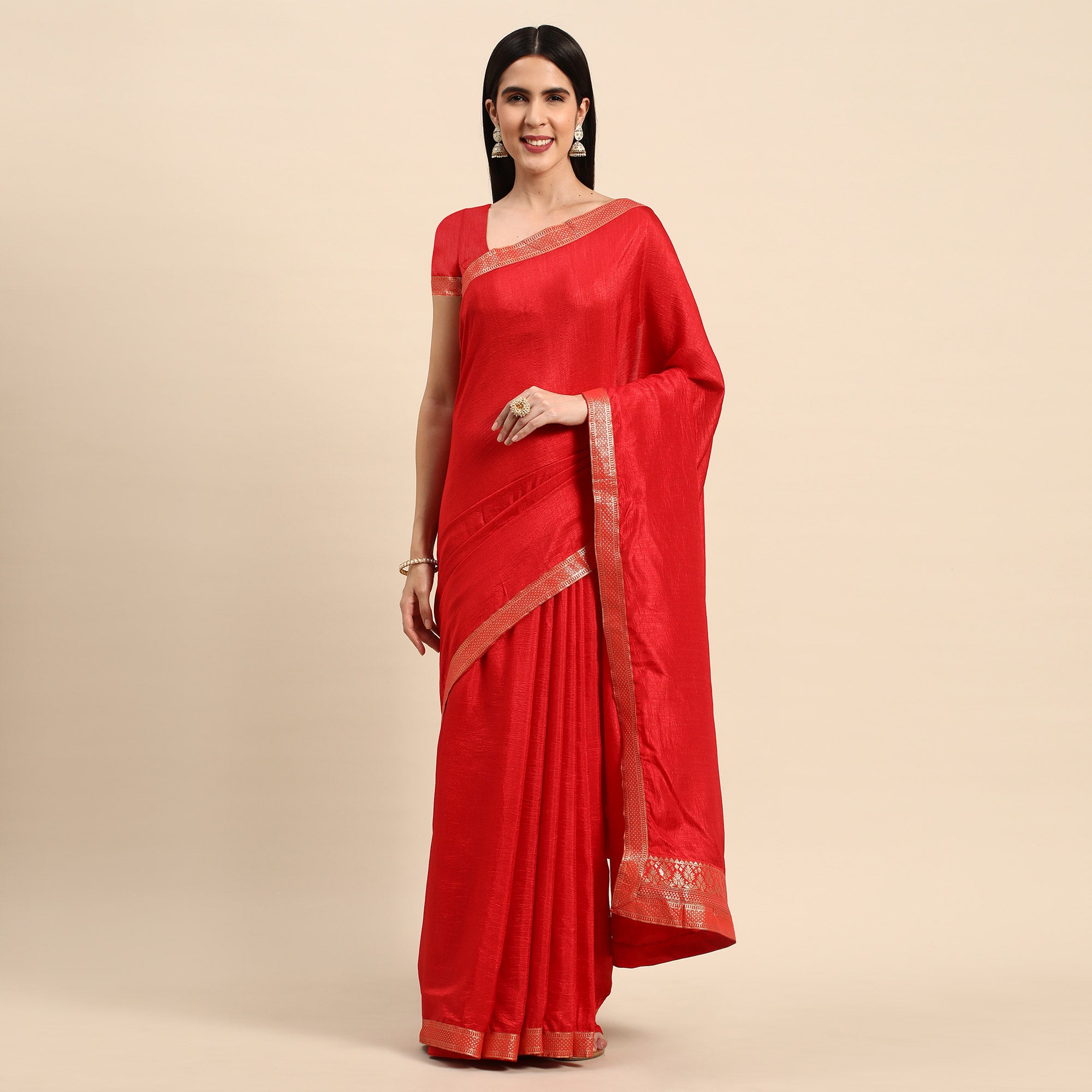 Red Solid Vichitra Silk Saree With Fancy Zari Border