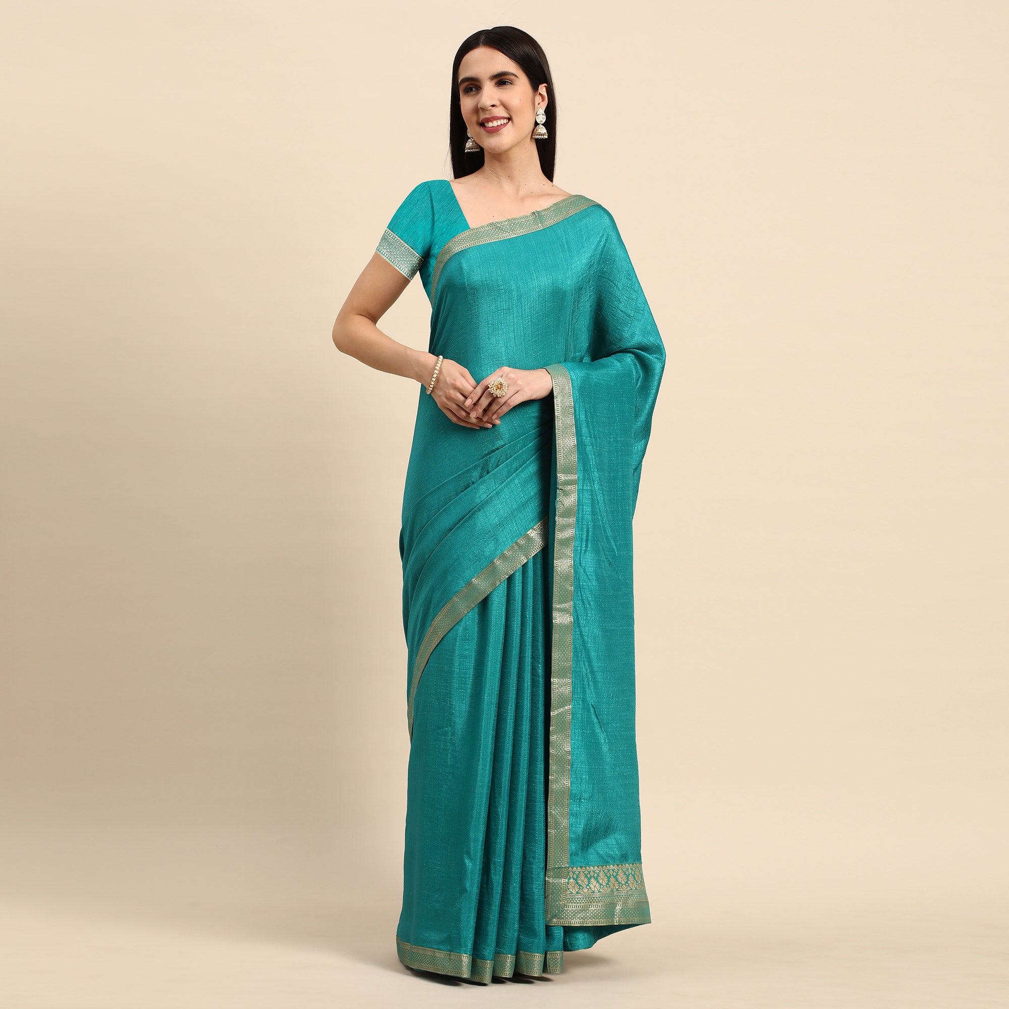 Rama Blue Solid Vichitra Silk Saree With Fancy Zari Border