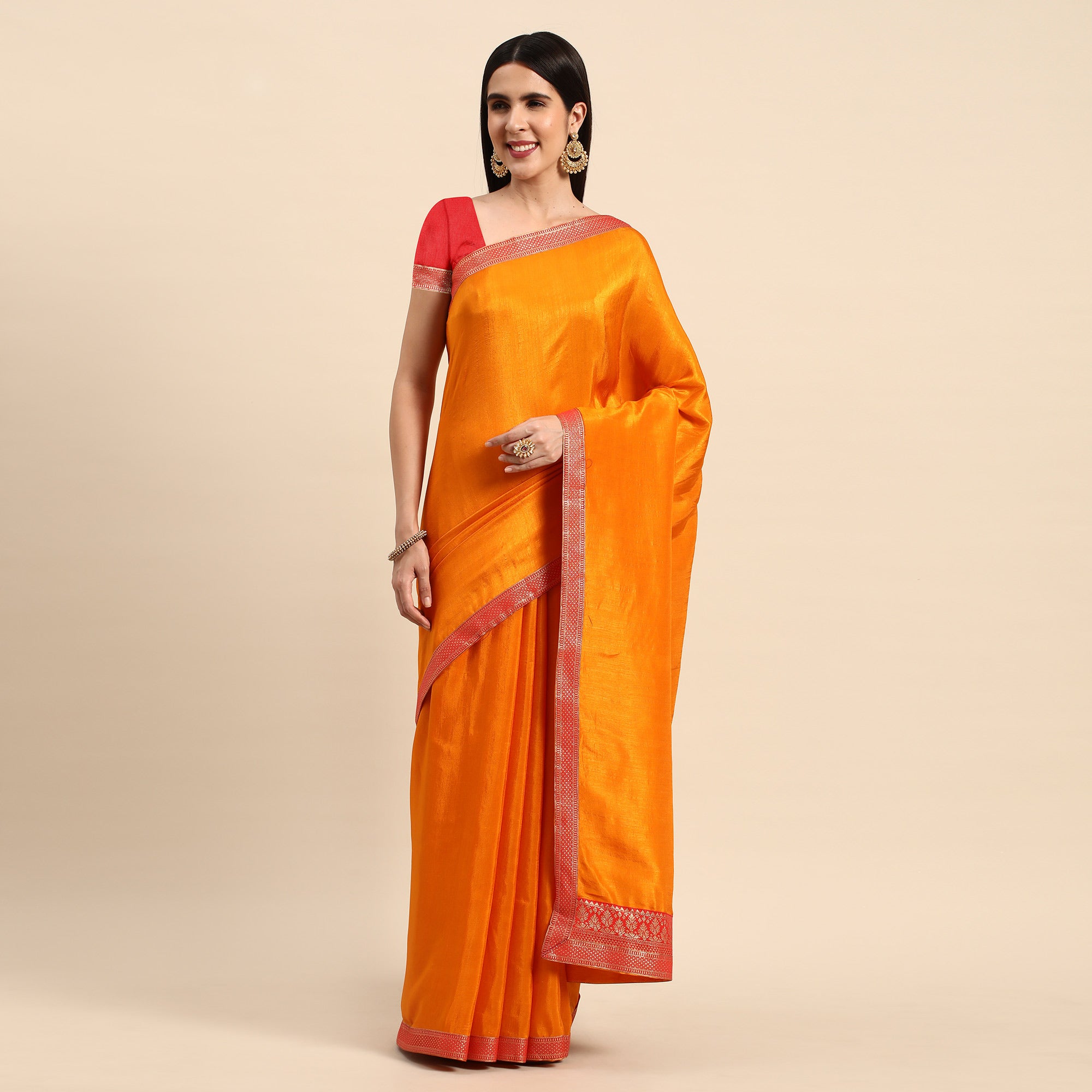 Mustard Solid Vichitra Silk Saree With Fancy Zari Border