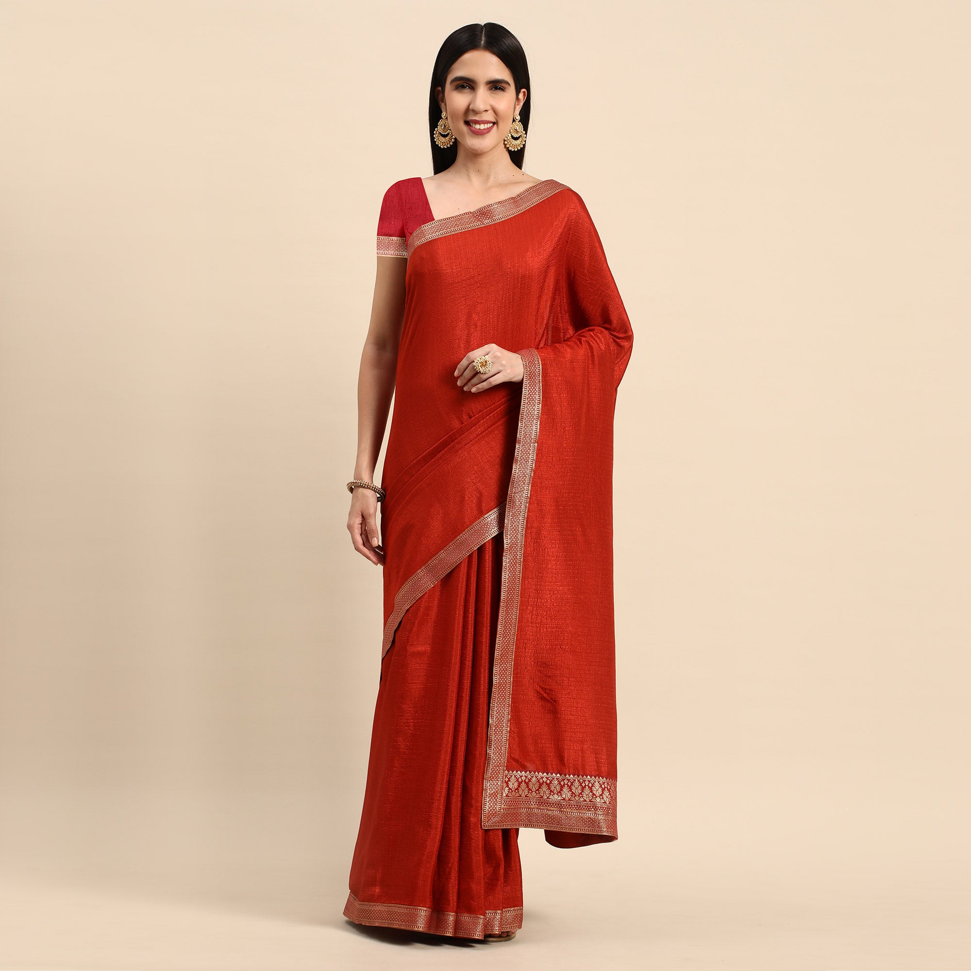 Rust Solid Vichitra Silk Saree With Fancy Zari Border