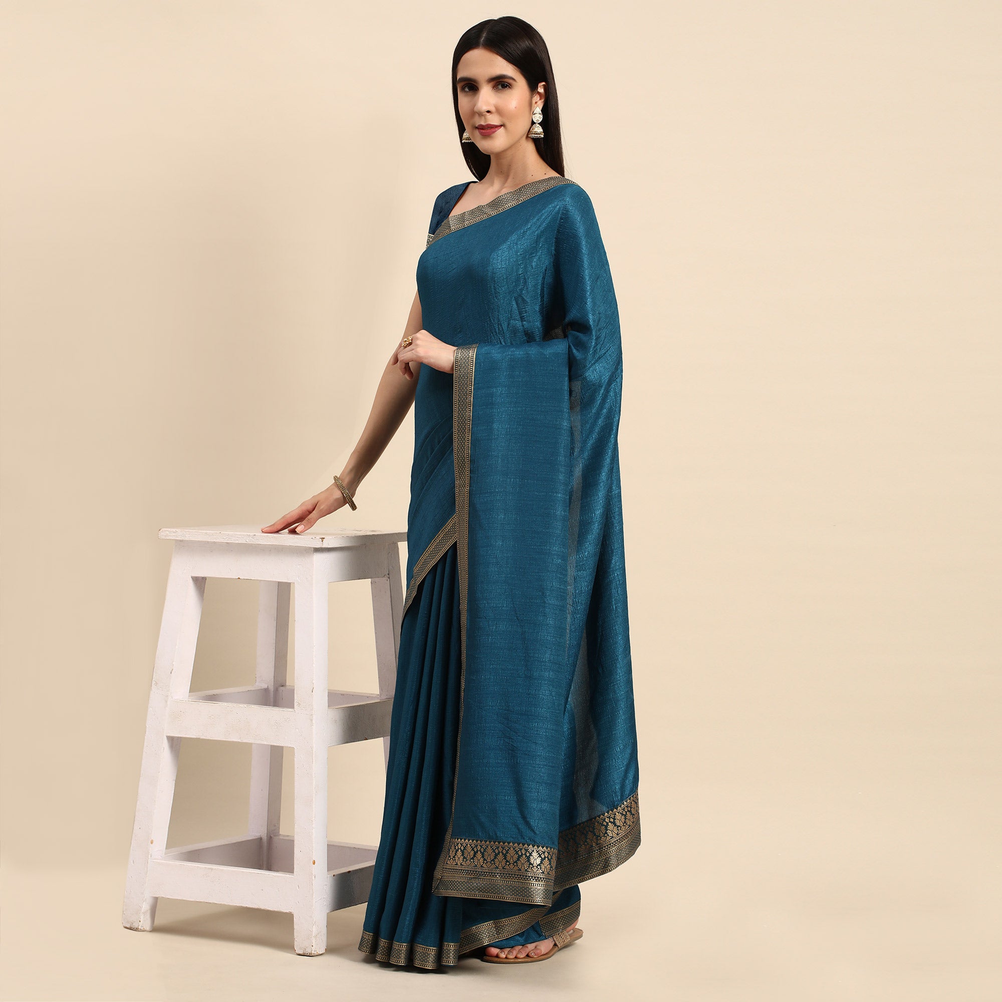 Blue Solid Vichitra Silk Saree With Fancy Zari Border