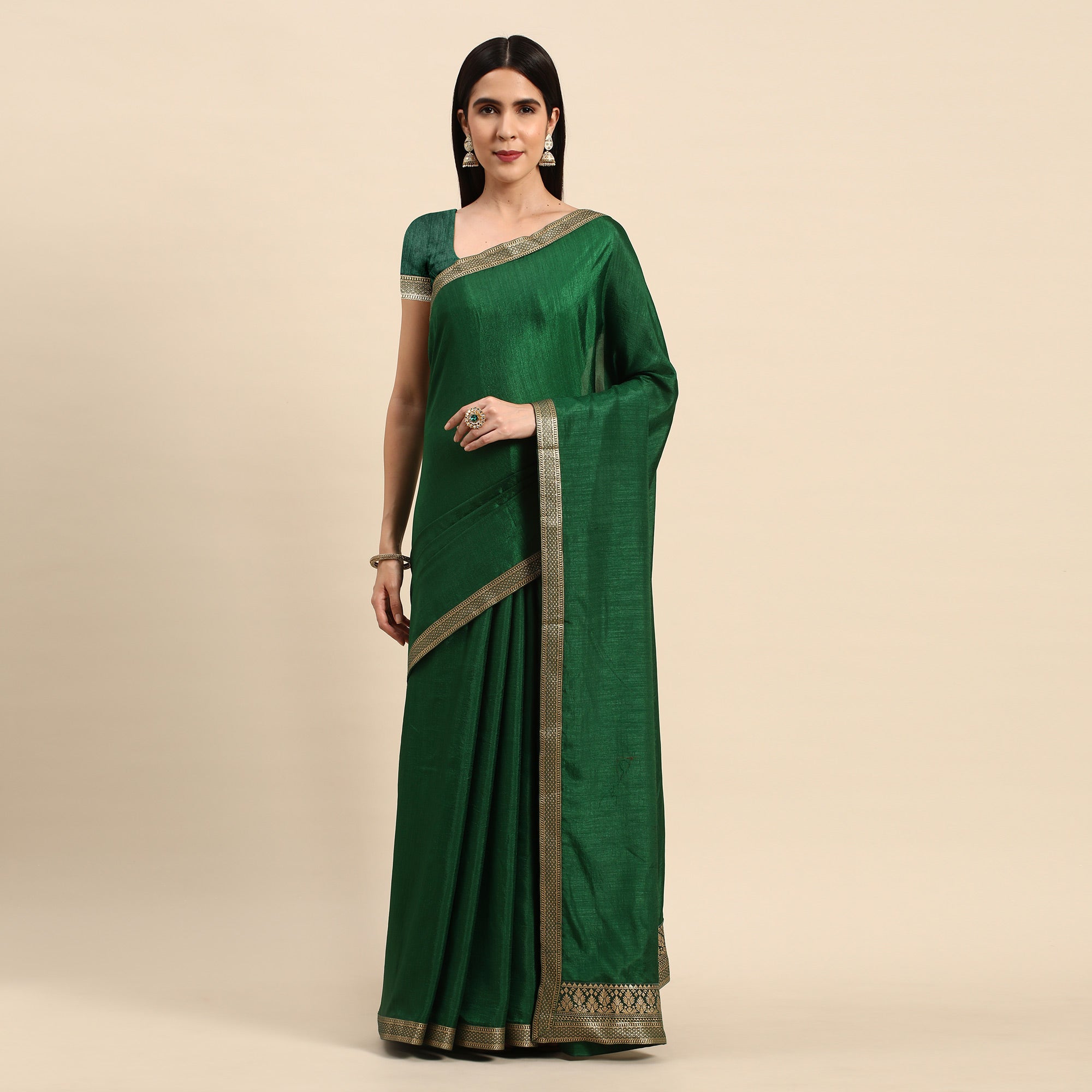 Green Solid Vichitra Silk Saree With Fancy Zari Border