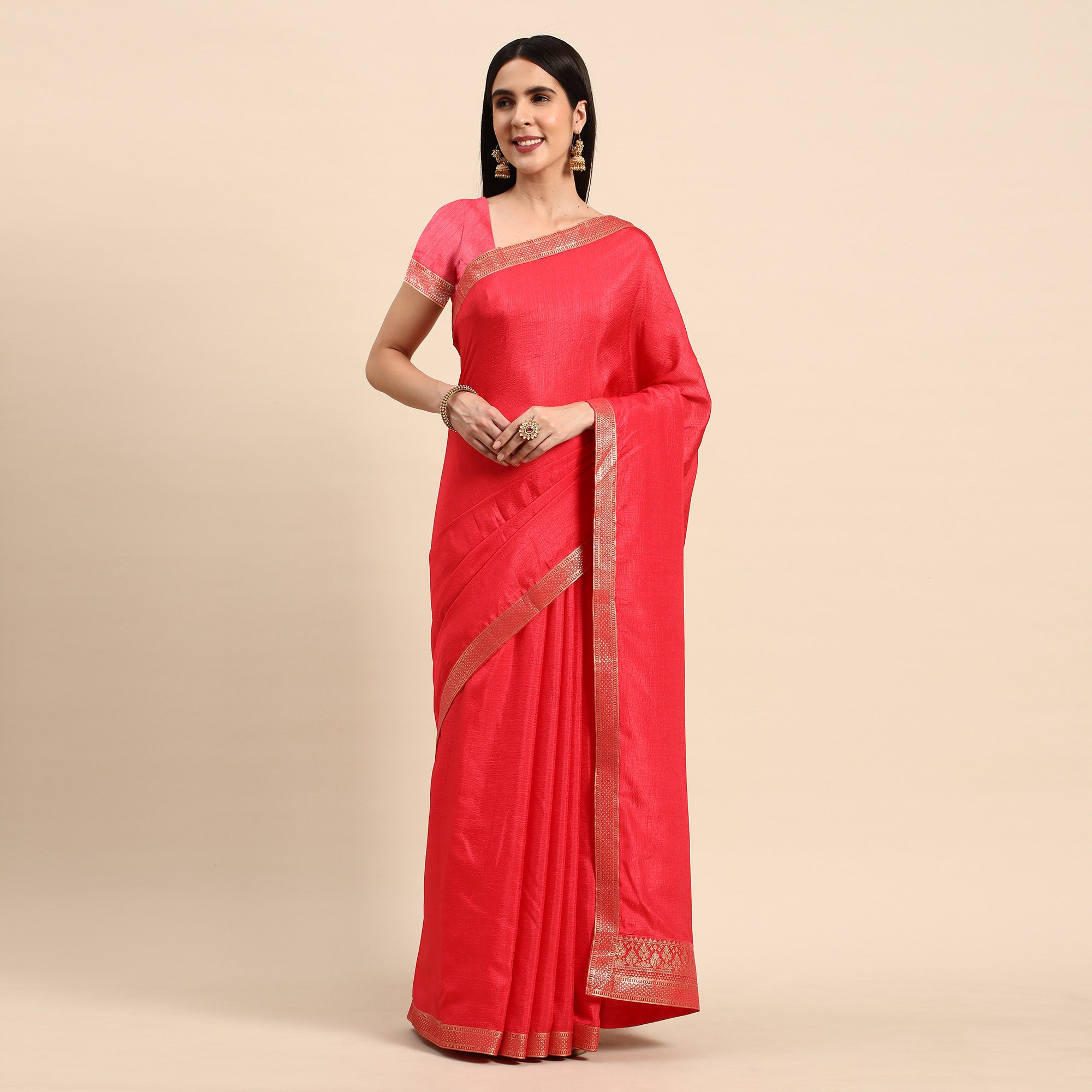 Pink Solid Vichitra Silk Saree With Fancy Zari Border