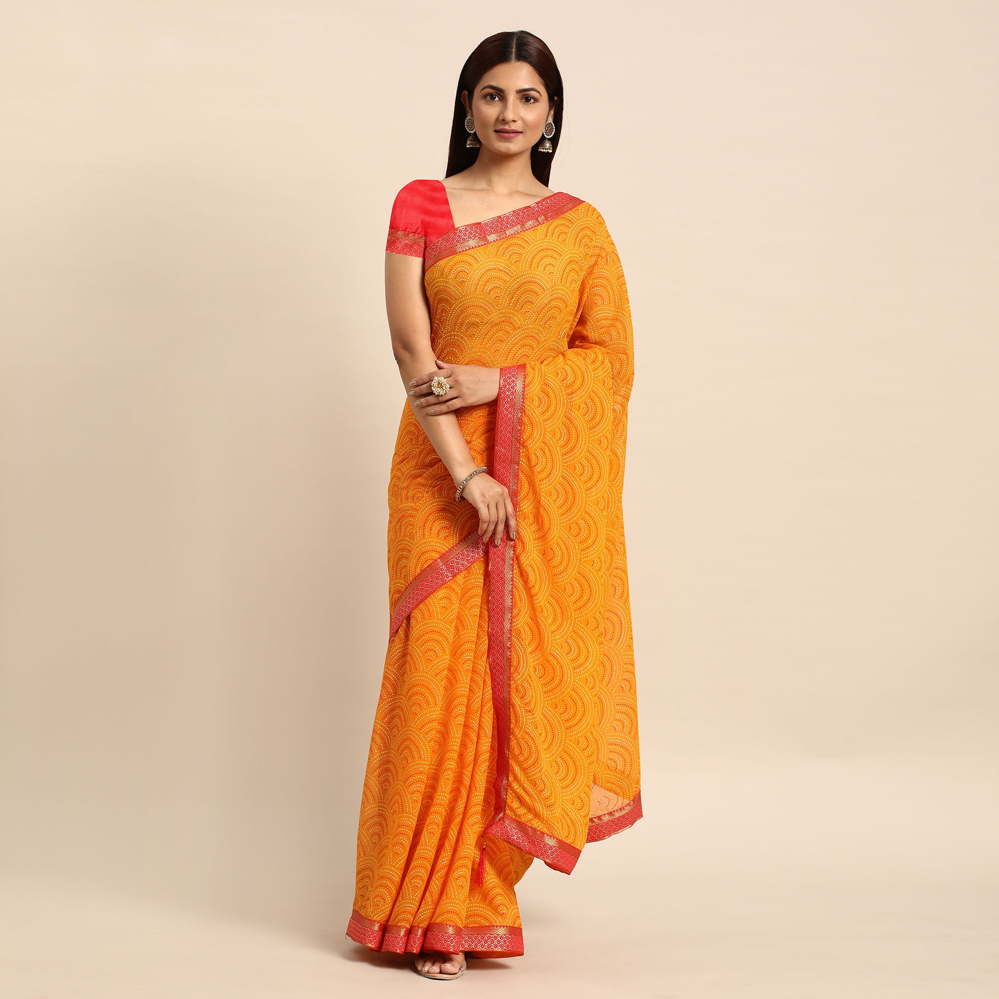 Yellow Foil Printed Chiffon Saree With Tassels