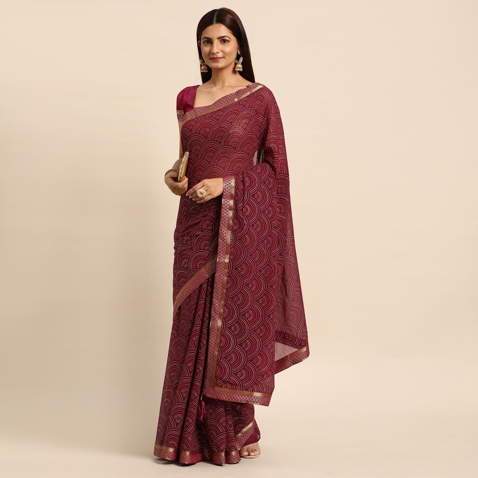 Wine Foil Printed Chiffon Saree With Tassels