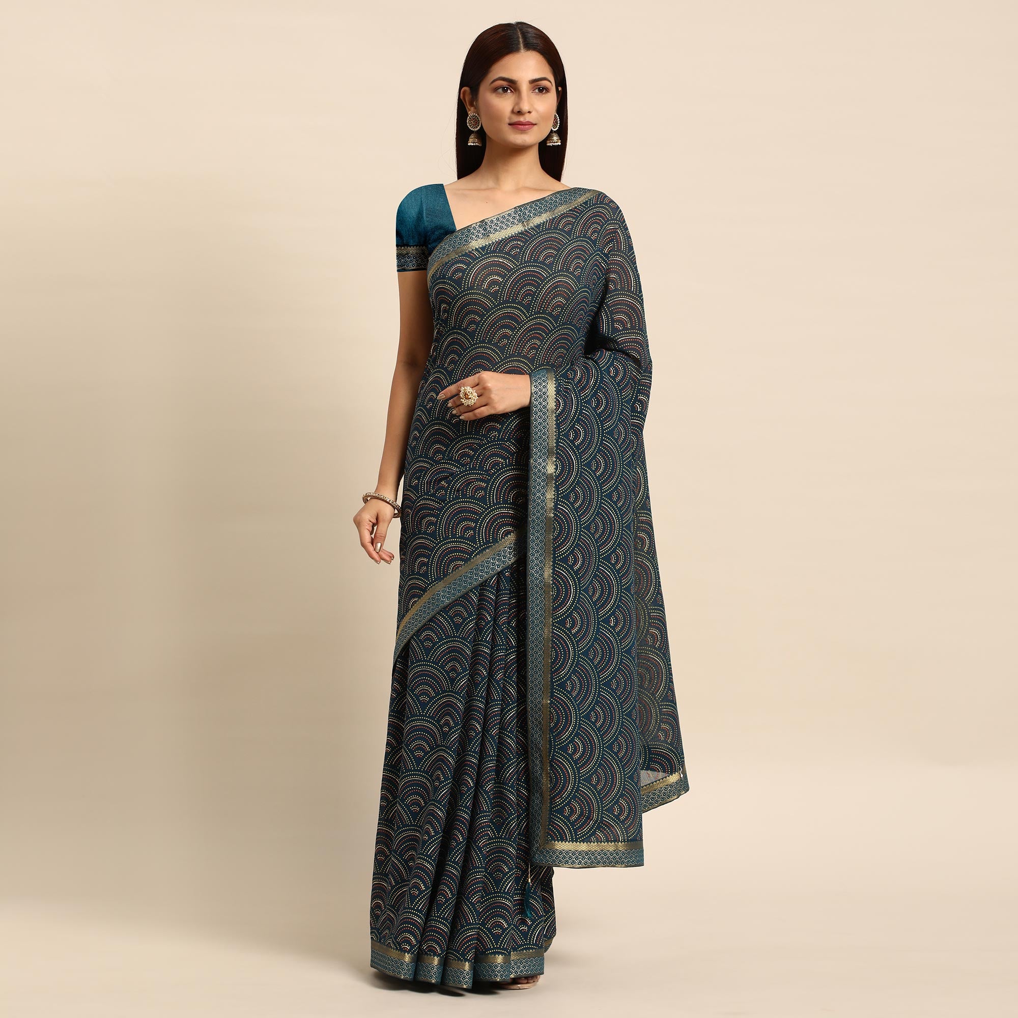 Teal Blue Foil Printed Chiffon Saree With Tassels
