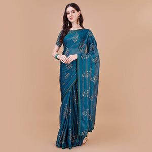 Blue Foil Printed Chiffon Saree With Lace Border