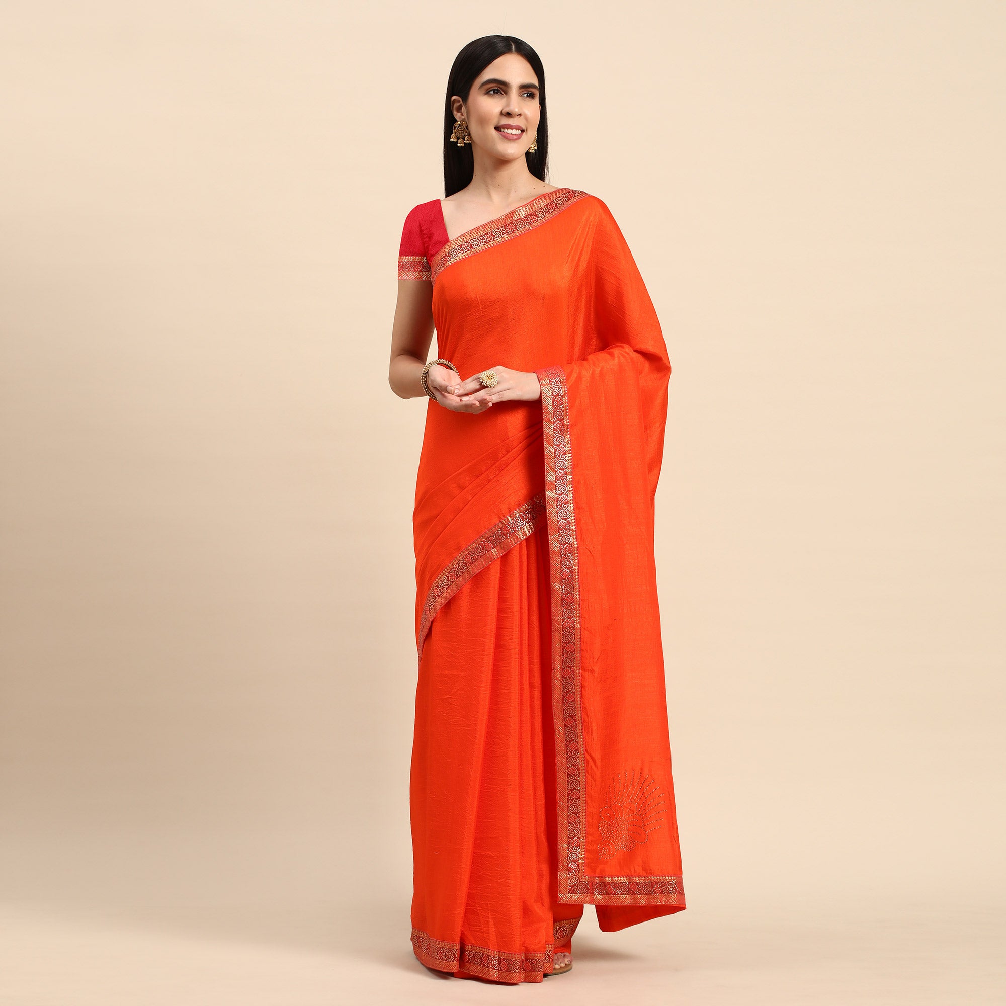 Orange Swarovski Work Vichitra Silk Saree With Fancy Border