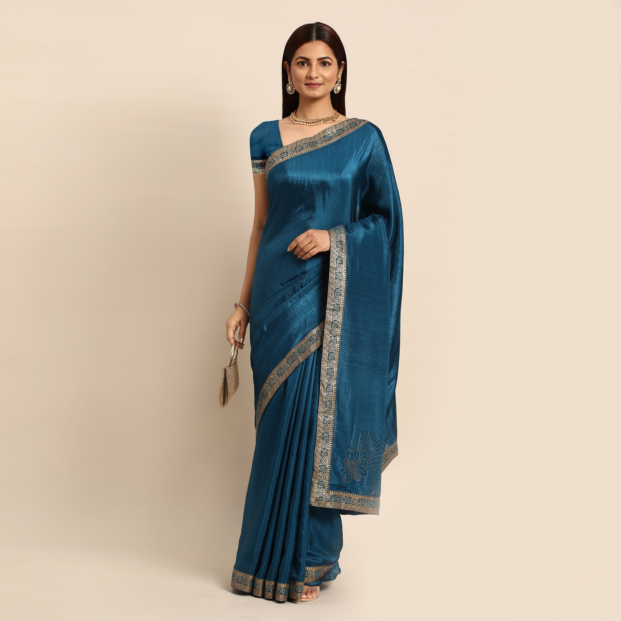 Blue Swarovski Work Vichitra Silk Saree With Fancy Border