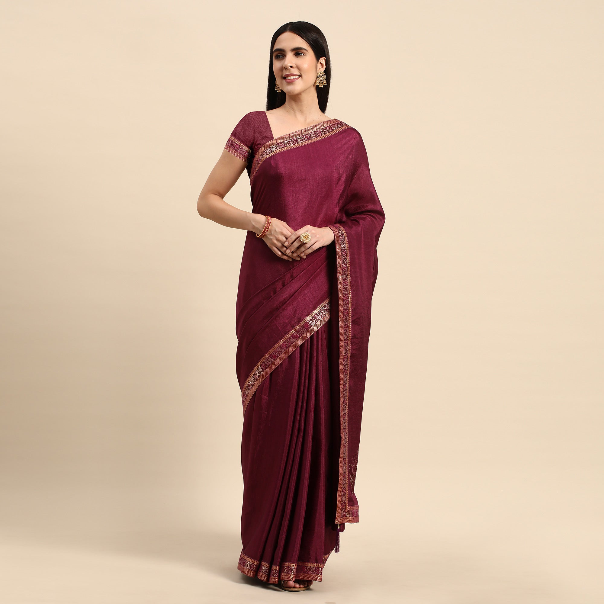 Wine Swarovski Work Vichitra Silk Saree With Fancy Border