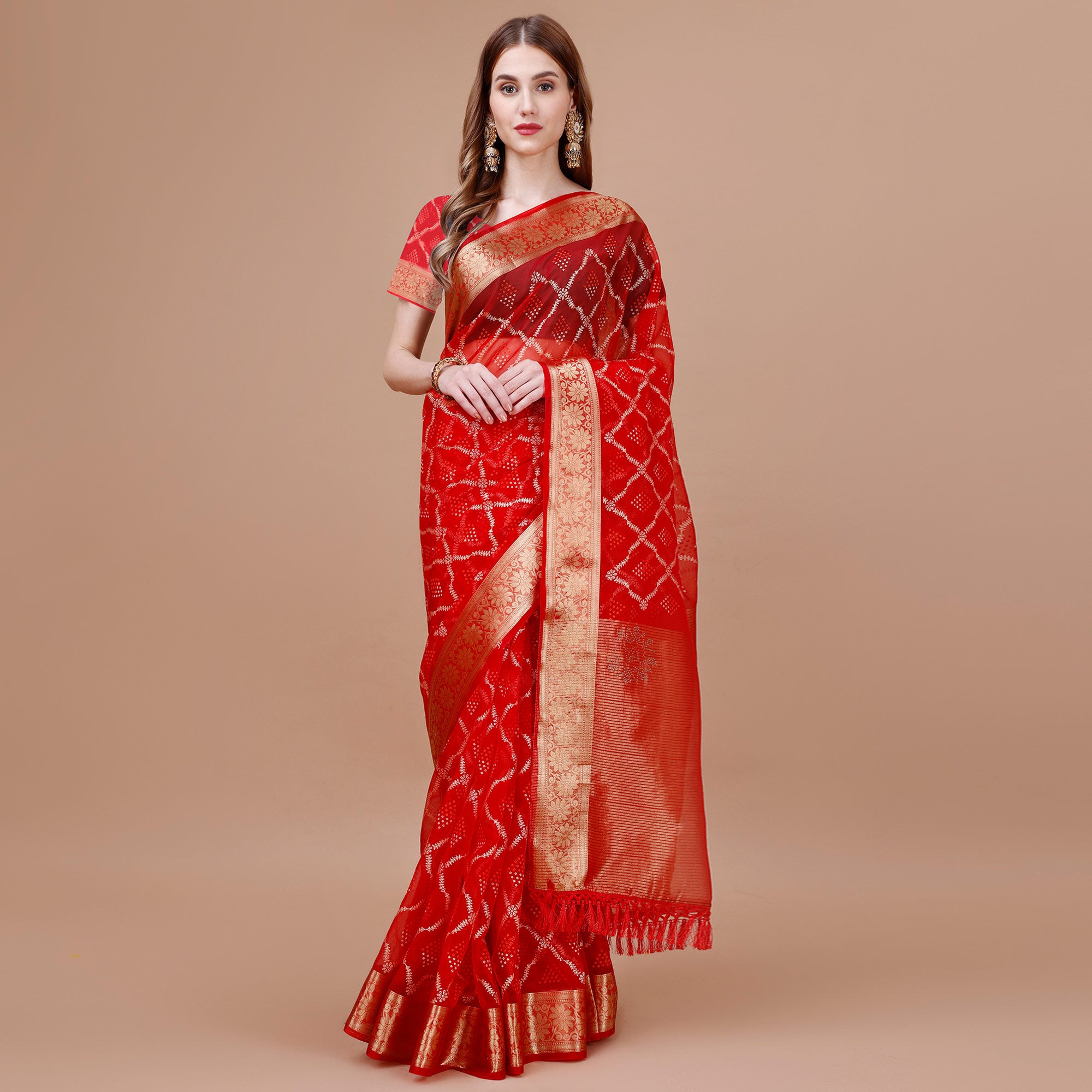Red Bandhani Printed Organza Saree With Woven Border