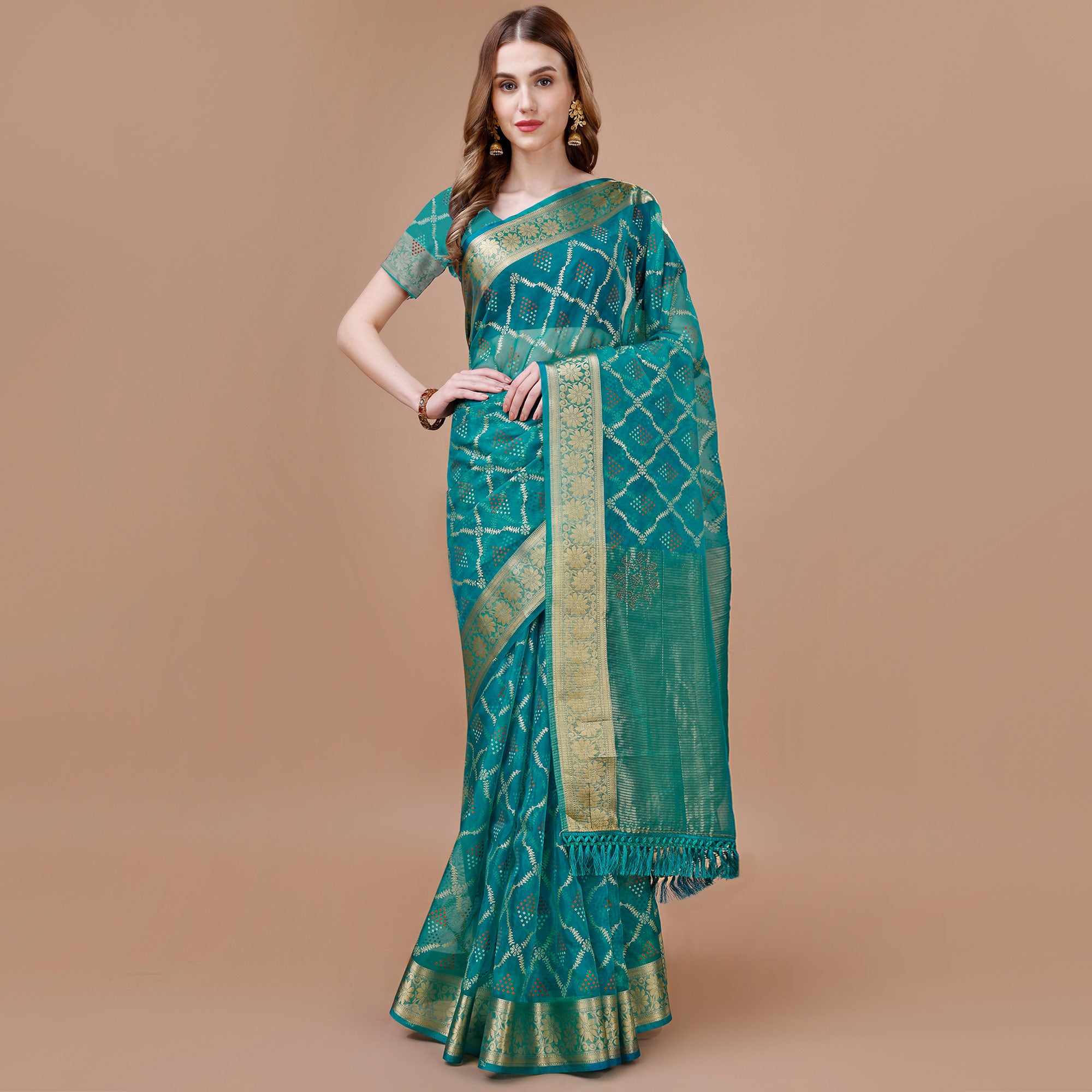 Rama Blue Bandhani Printed Organza Saree With Woven Border