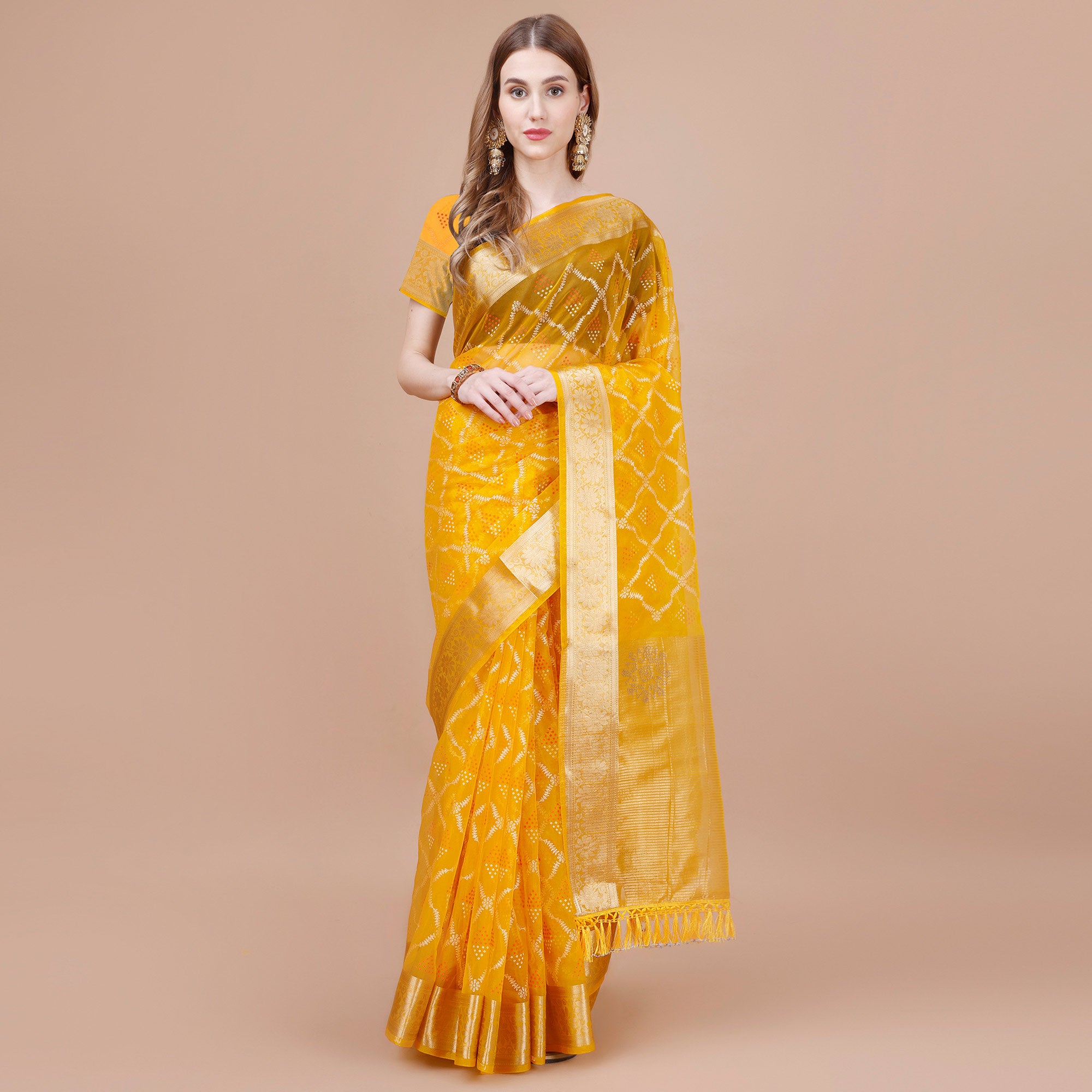 Yellow Bandhani Printed Organza Saree With Woven Border